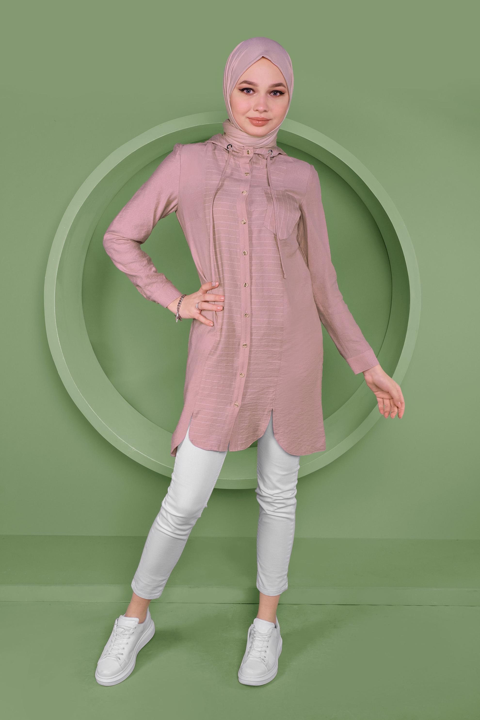 Tesettür giyim PUDRA KAPÜŞONLU DÜĞMELİ TUNİK 41365