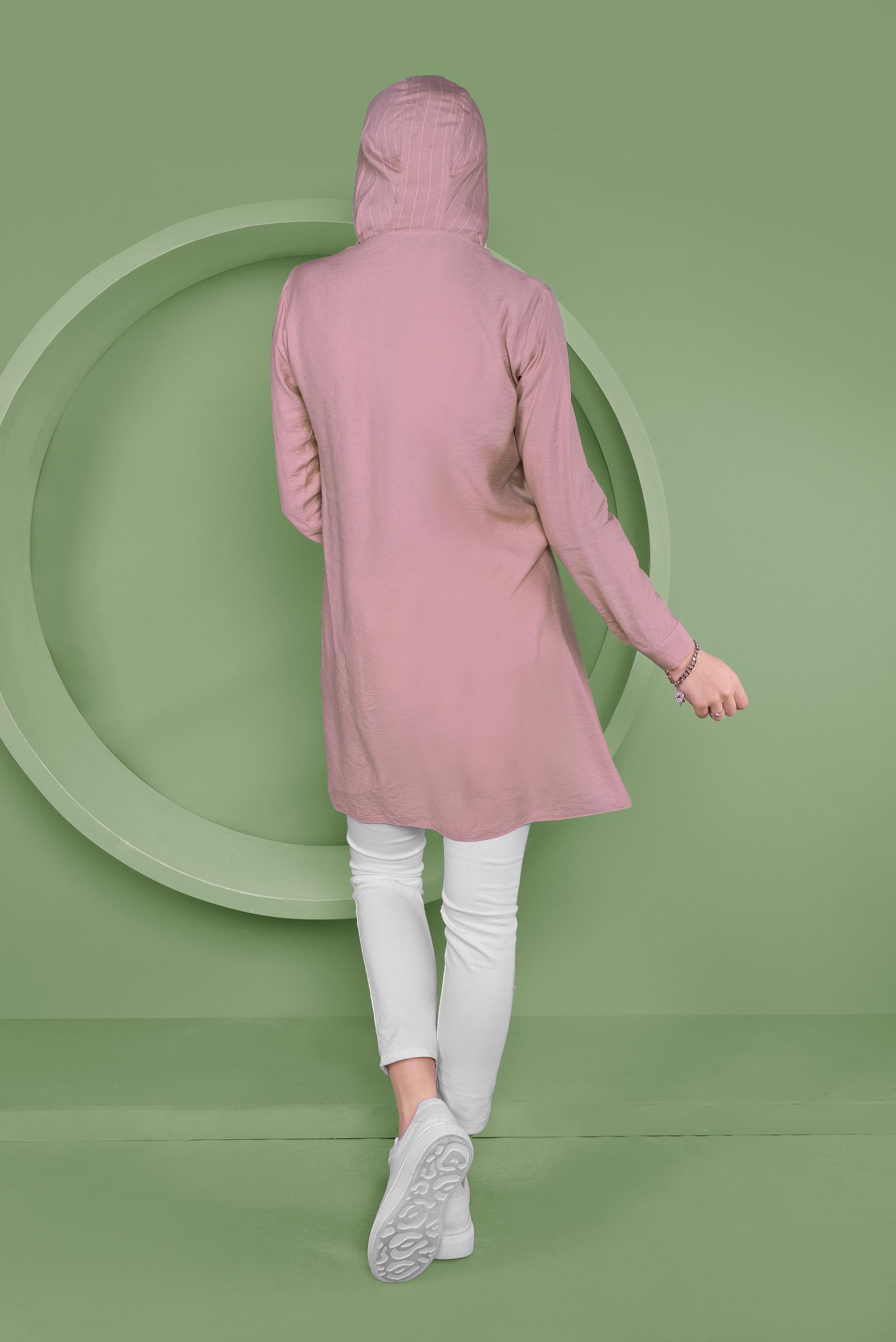 Tesettür giyim PUDRA KAPÜŞONLU DÜĞMELİ TUNİK 41365