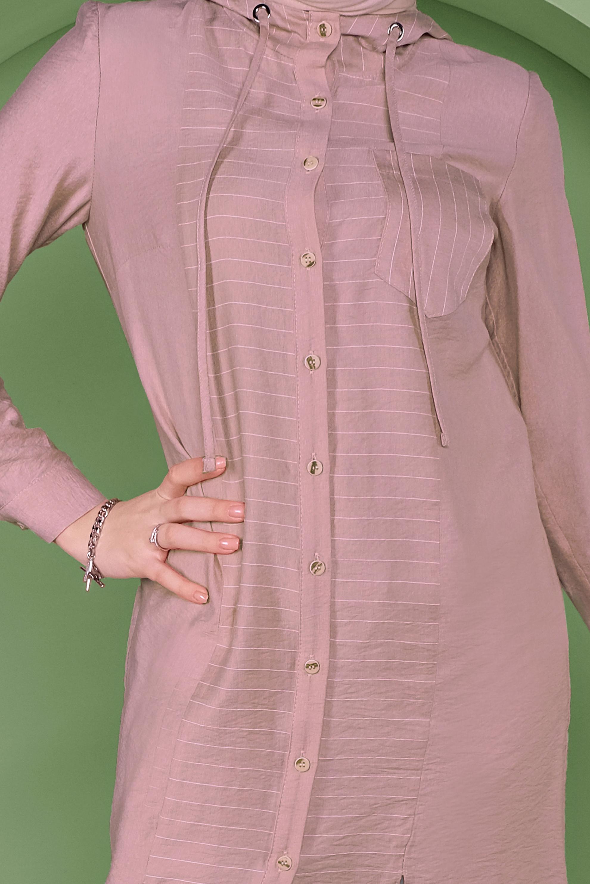 Tesettür giyim PUDRA KAPÜŞONLU DÜĞMELİ TUNİK 41365