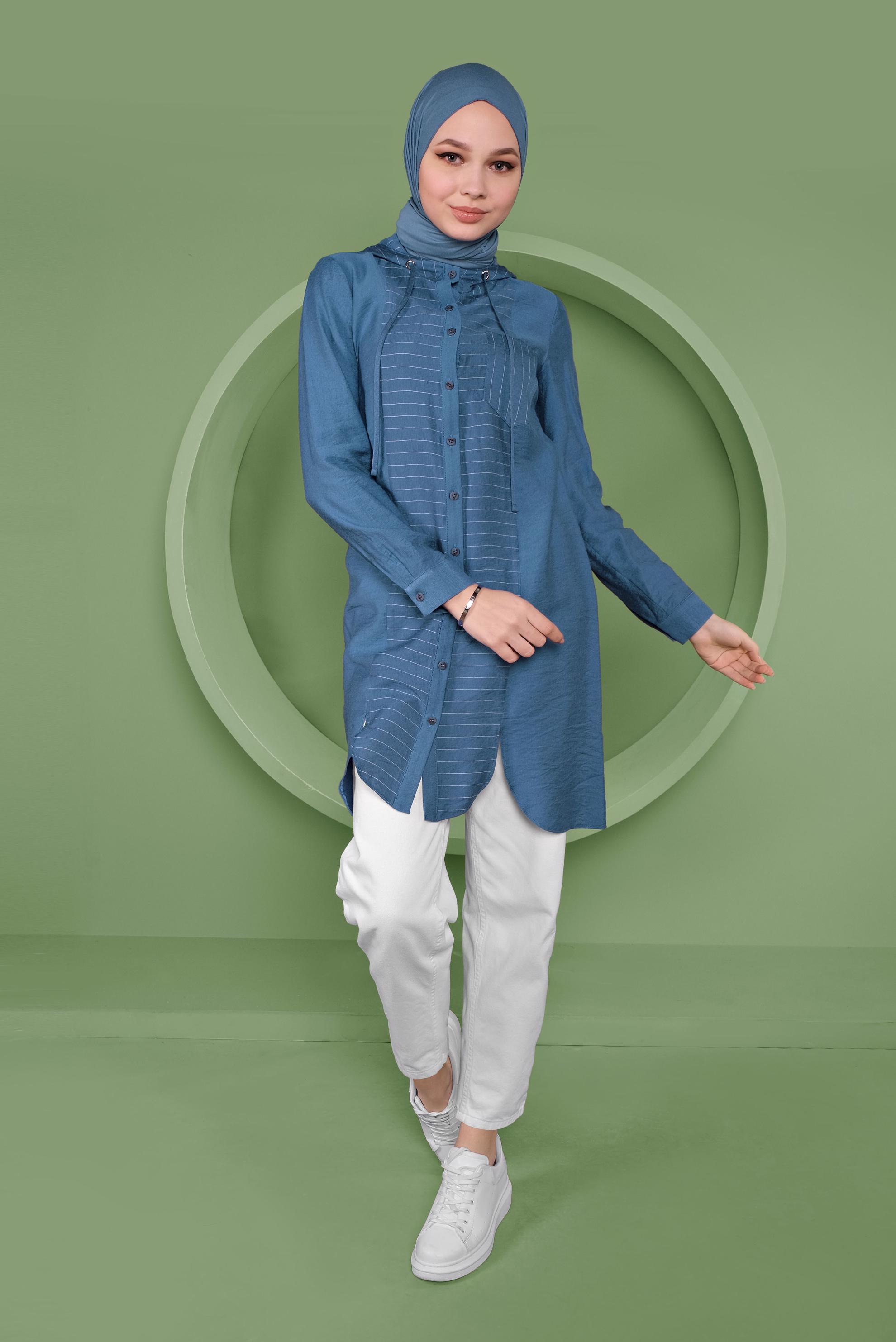 Tesettür giyim LACİVERT KAPÜŞONLU DÜĞMELİ TUNİK 41365