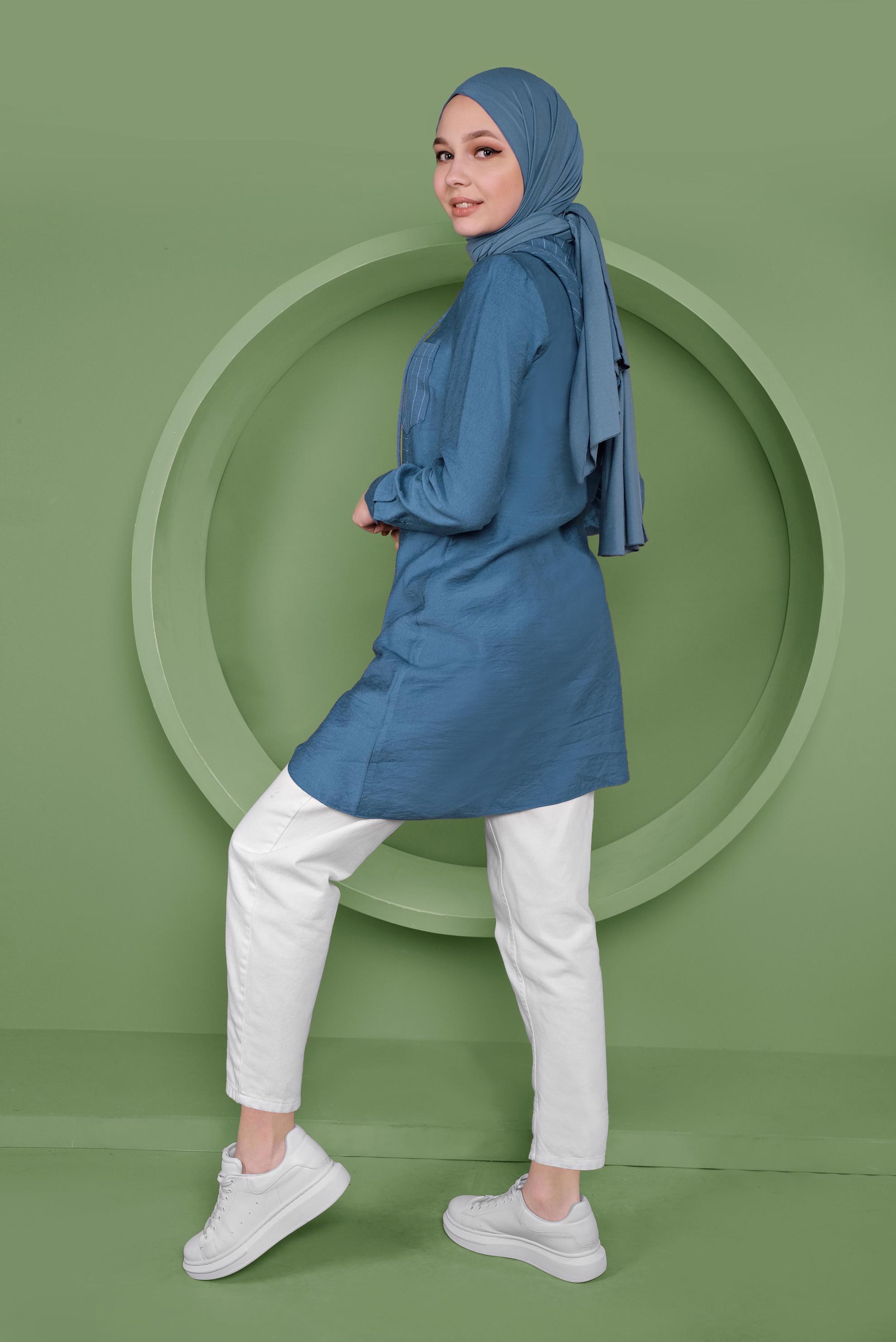 Tesettür giyim LACİVERT KAPÜŞONLU DÜĞMELİ TUNİK 41365