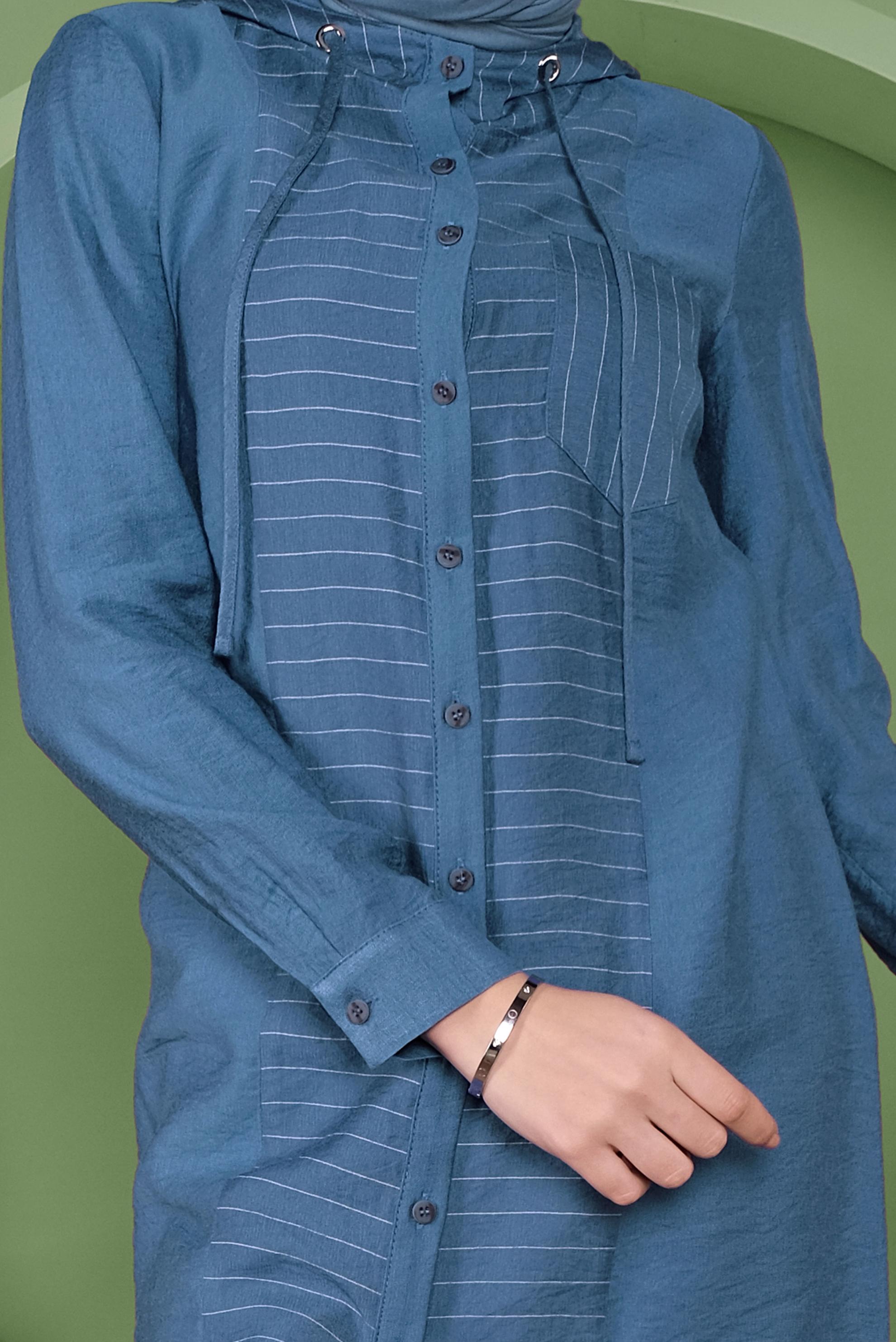 Tesettür giyim LACİVERT KAPÜŞONLU DÜĞMELİ TUNİK 41365