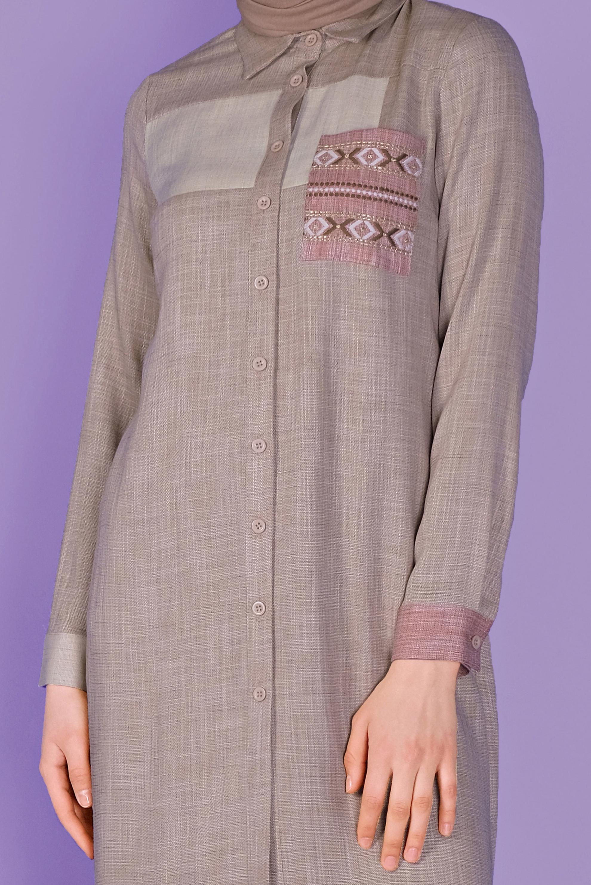 Tesettür giyim BEJ NAKIŞLI DÜĞMELİ TUNİK 41366 