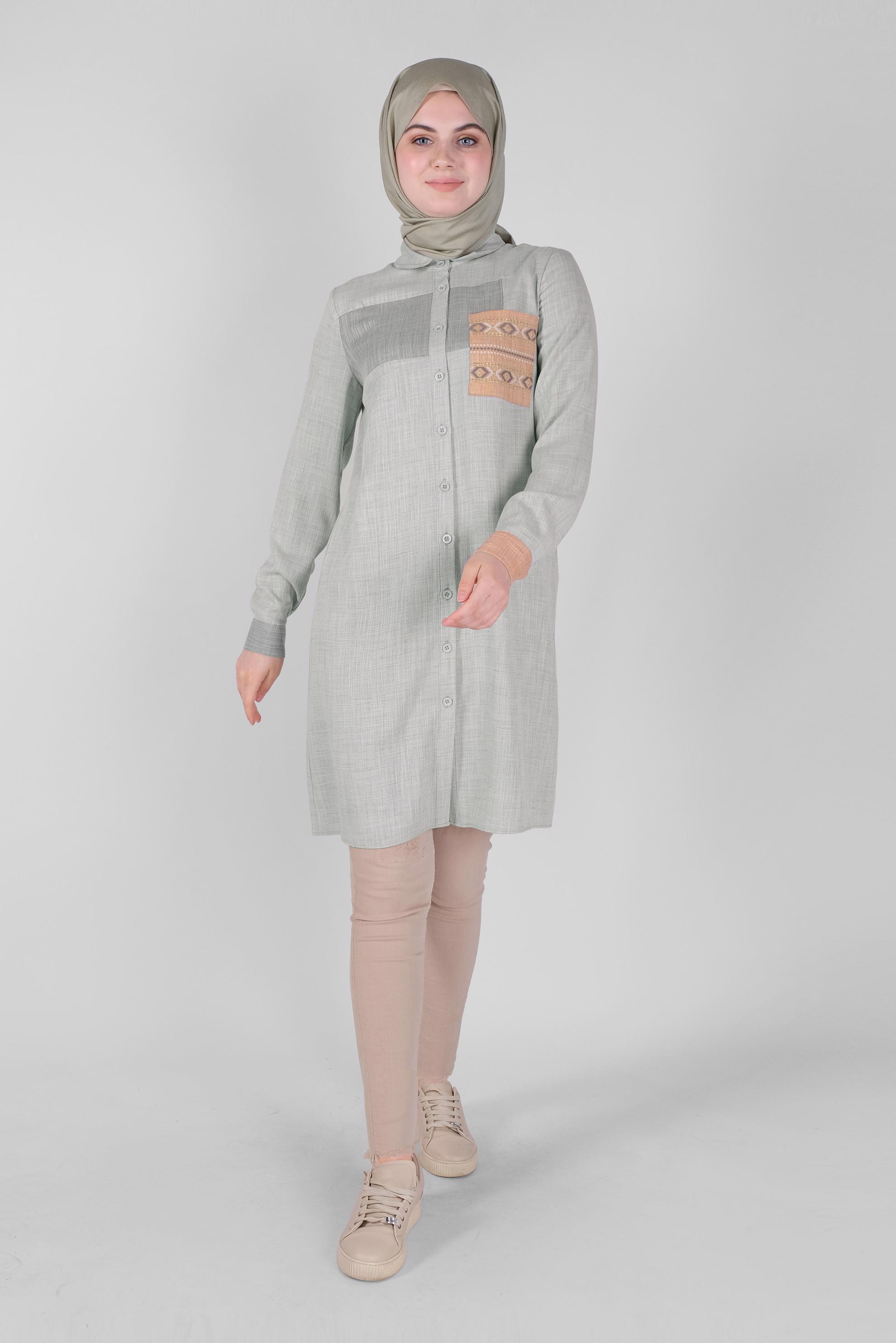 Tesettür giyim GÜMÜŞ NAKIŞLI DÜĞMELİ TUNİK 41366 