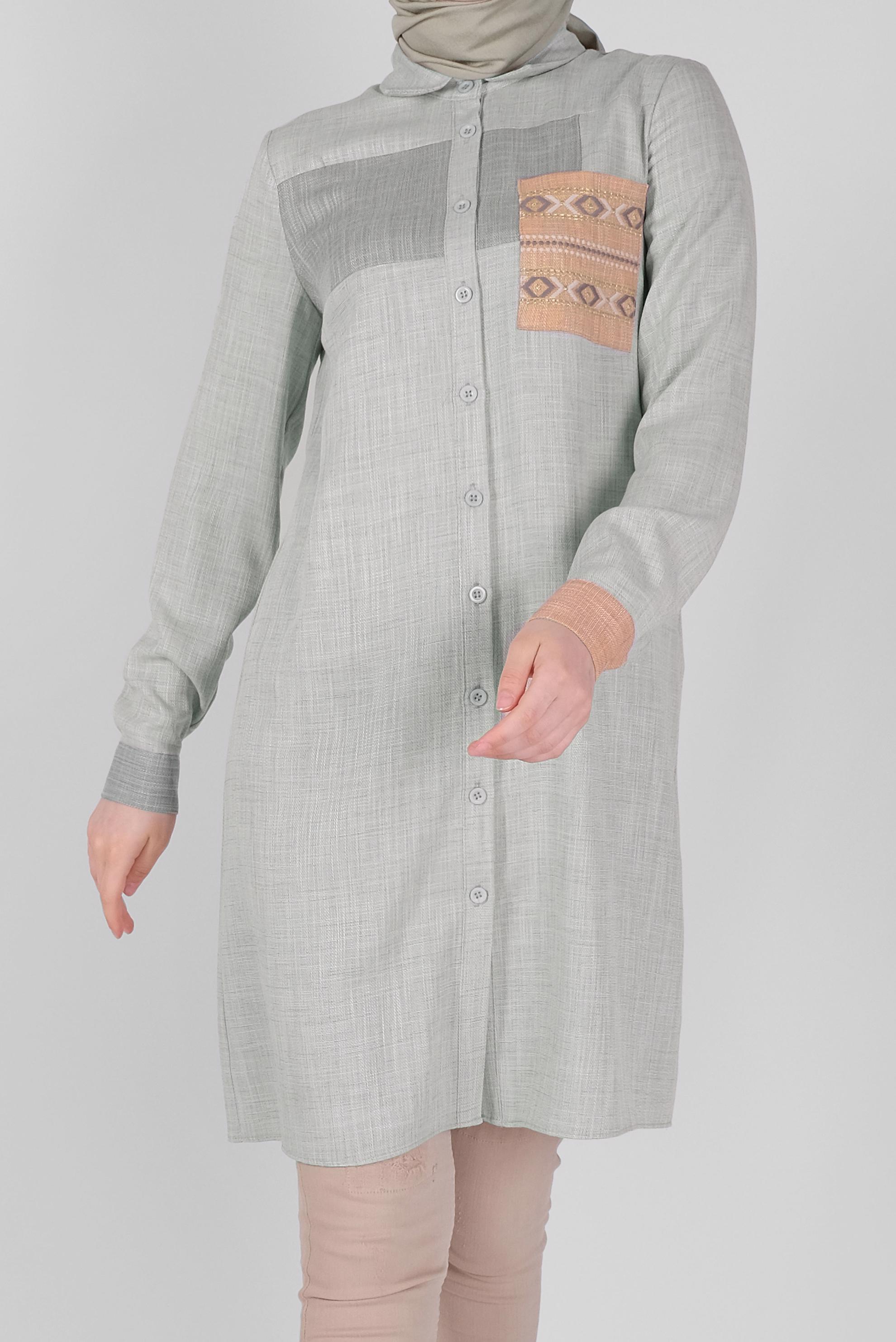 Tesettür giyim GÜMÜŞ NAKIŞLI DÜĞMELİ TUNİK 41366 