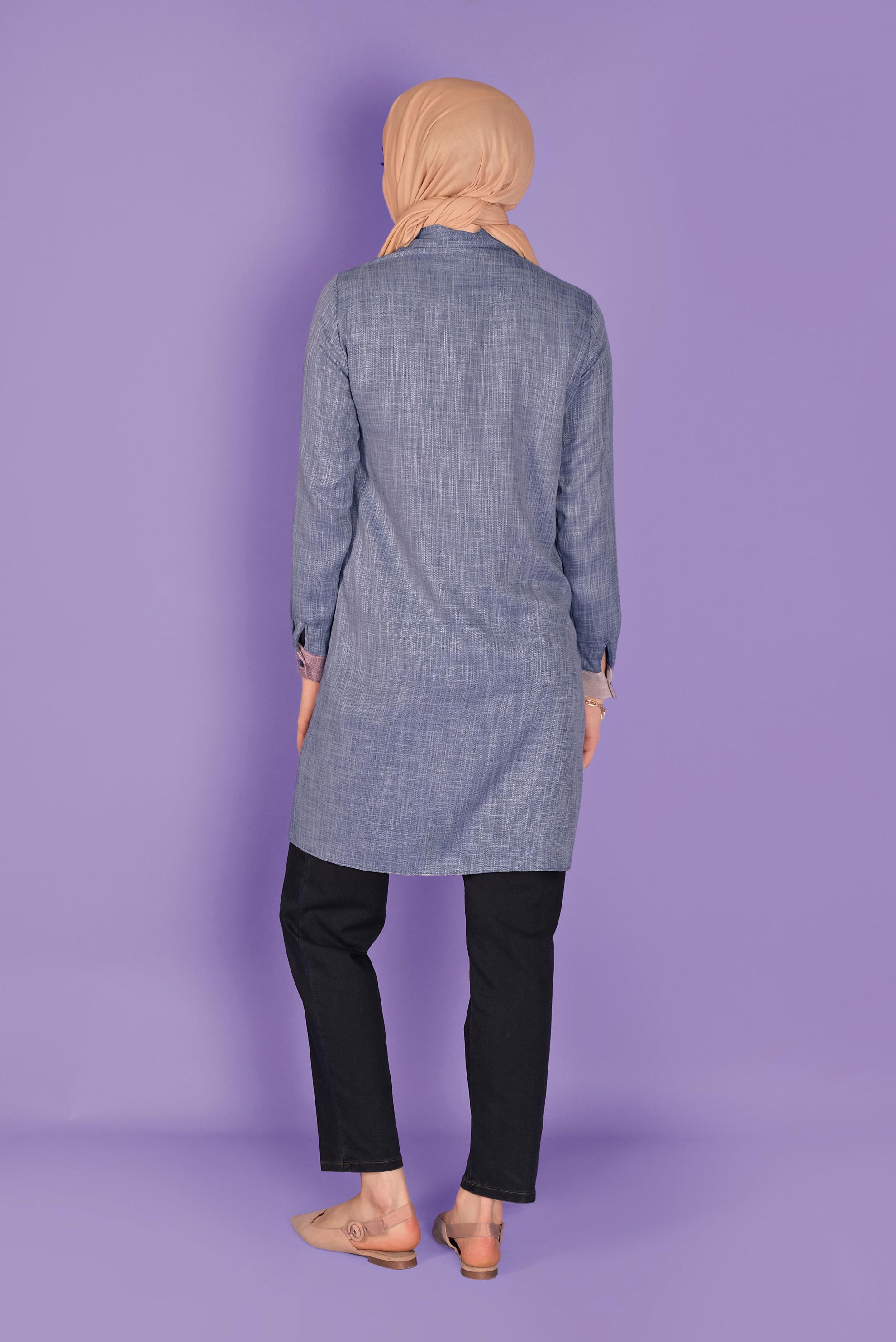 Tesettür giyim LACİVERT NAKIŞLI DÜĞMELİ TUNİK 41366 