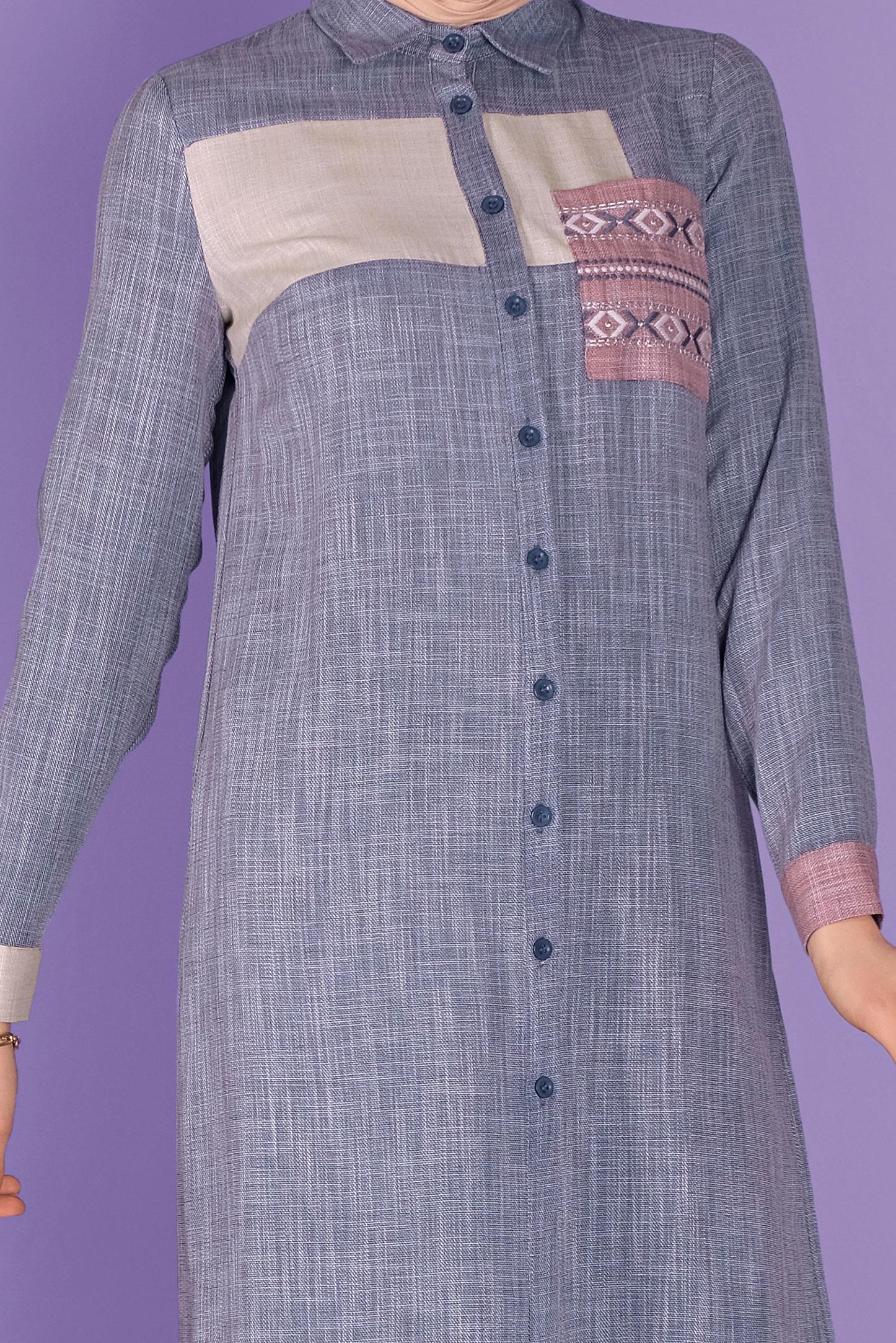 Tesettür giyim LACİVERT NAKIŞLI DÜĞMELİ TUNİK 41366 