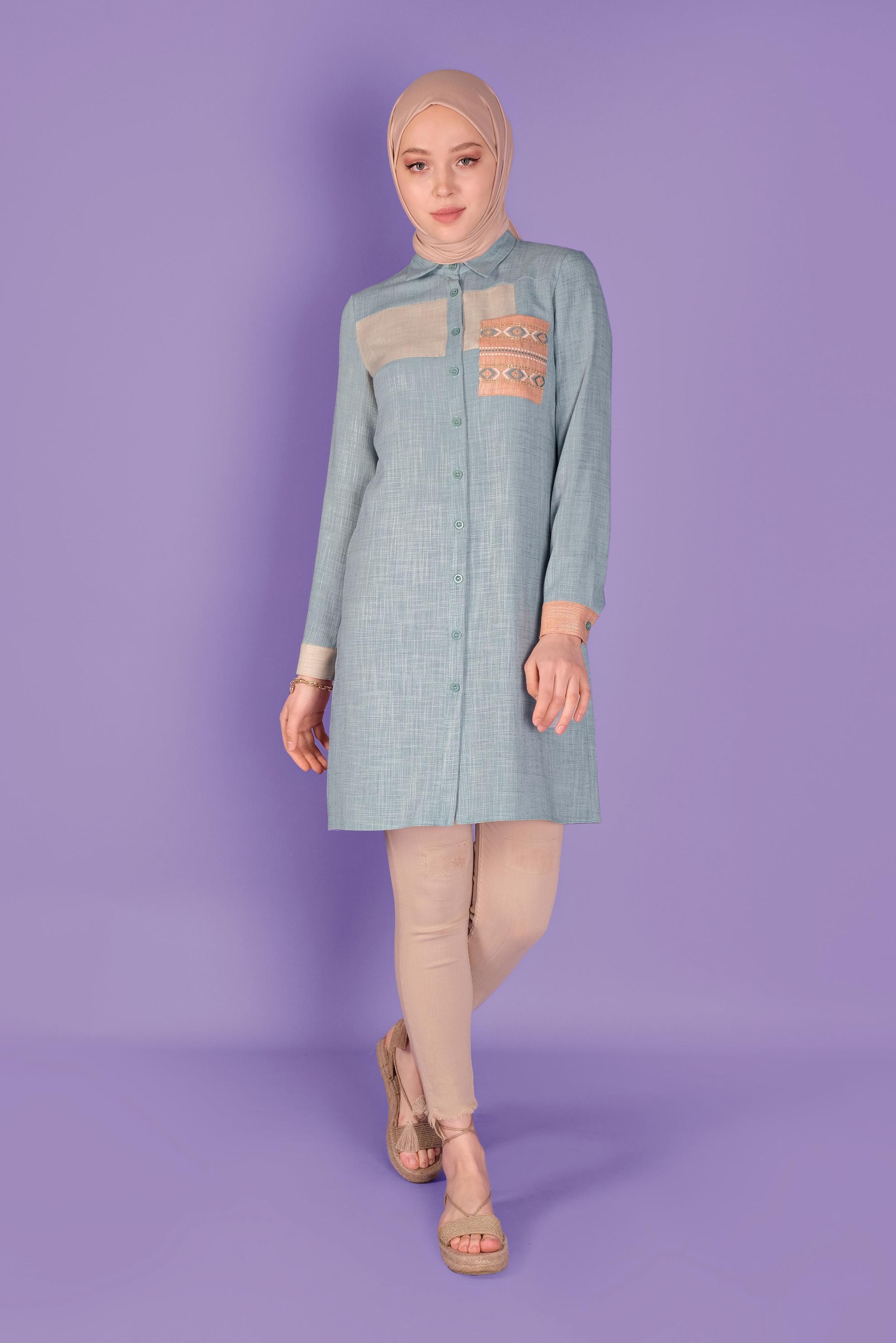 Tesettür giyim MAVİ NAKIŞLI DÜĞMELİ TUNİK 41366 