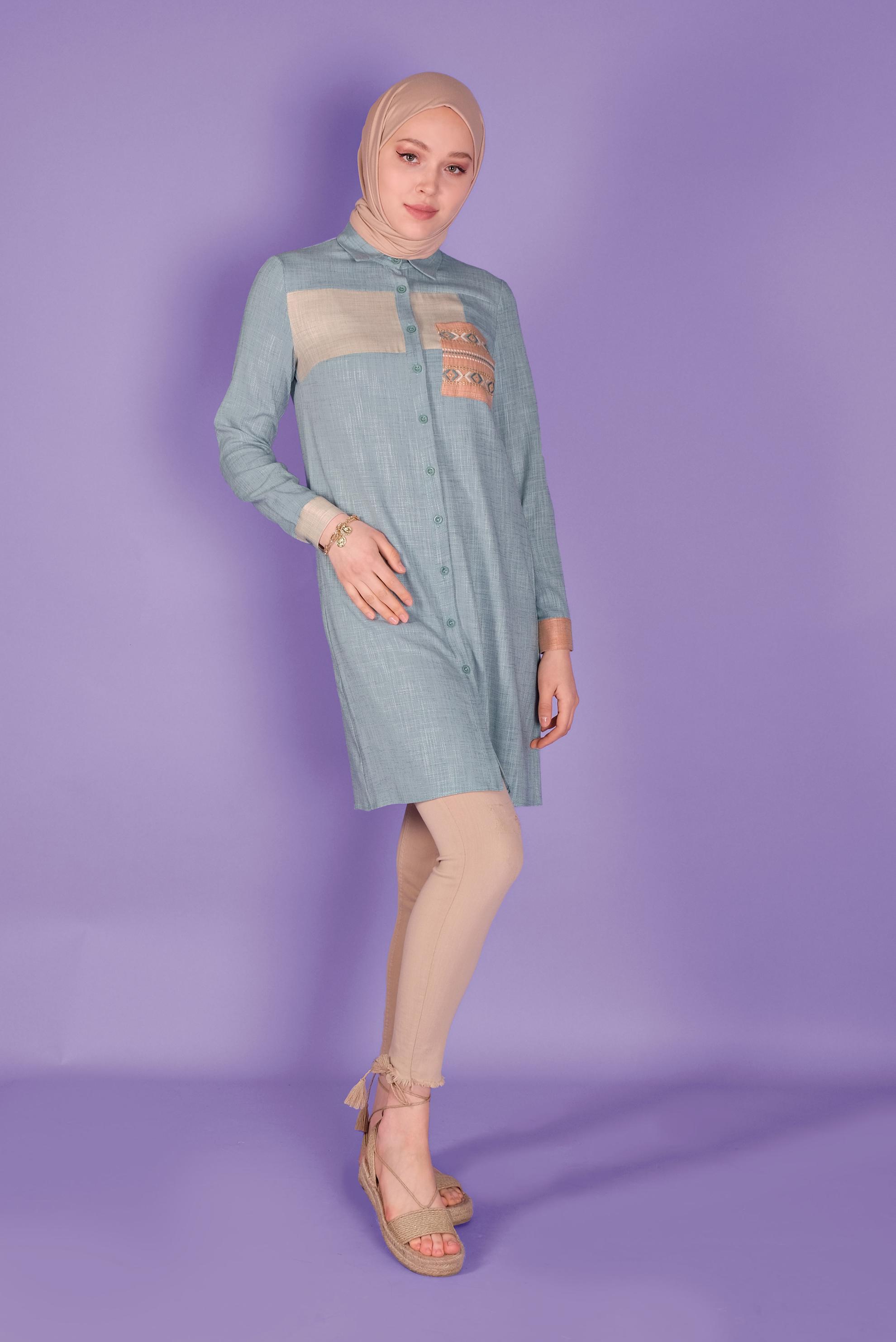 Tesettür giyim MAVİ NAKIŞLI DÜĞMELİ TUNİK 41366 