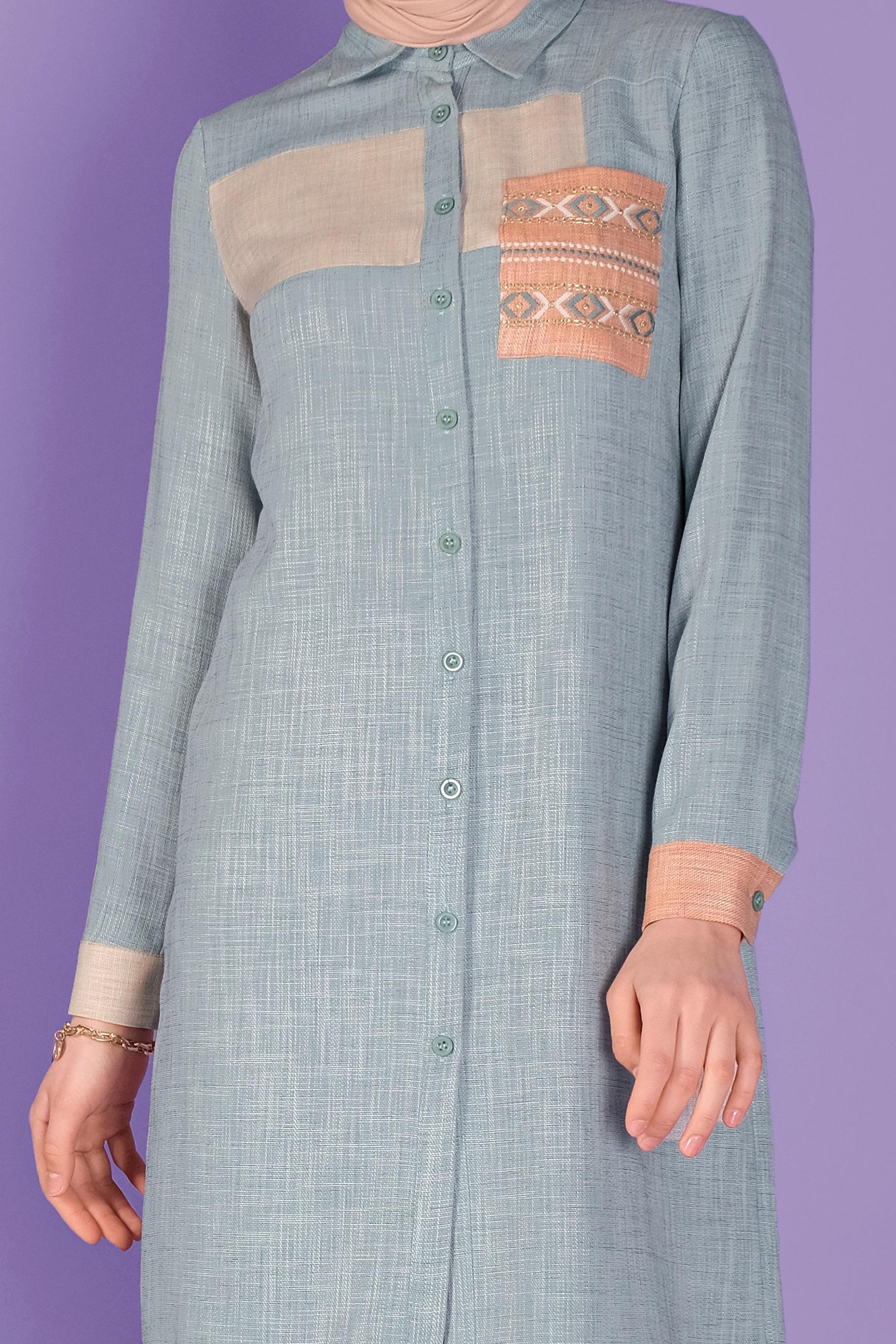 Tesettür giyim MAVİ NAKIŞLI DÜĞMELİ TUNİK 41366 