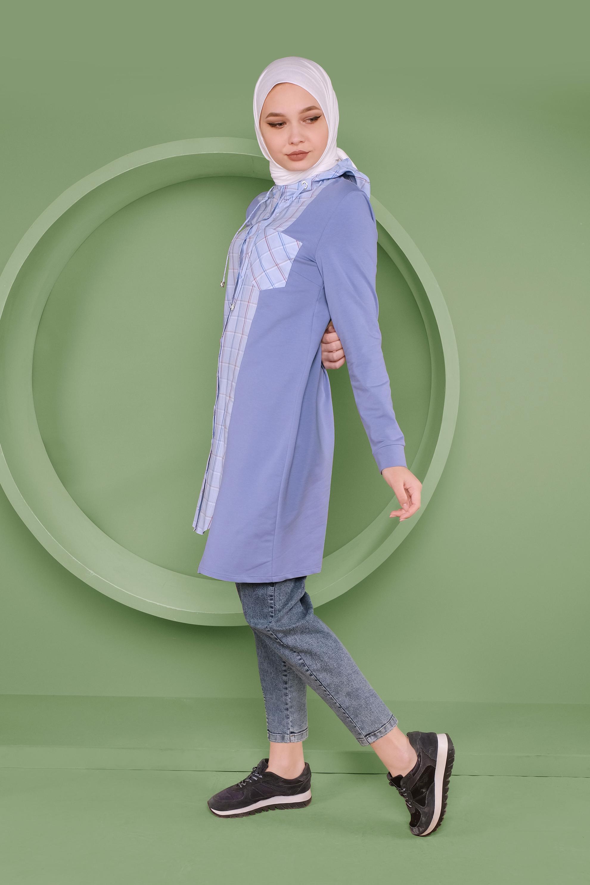 Tesettür giyim MAVİ EKOSE DETAYLI KAPÜŞONLU TUNİK 41367