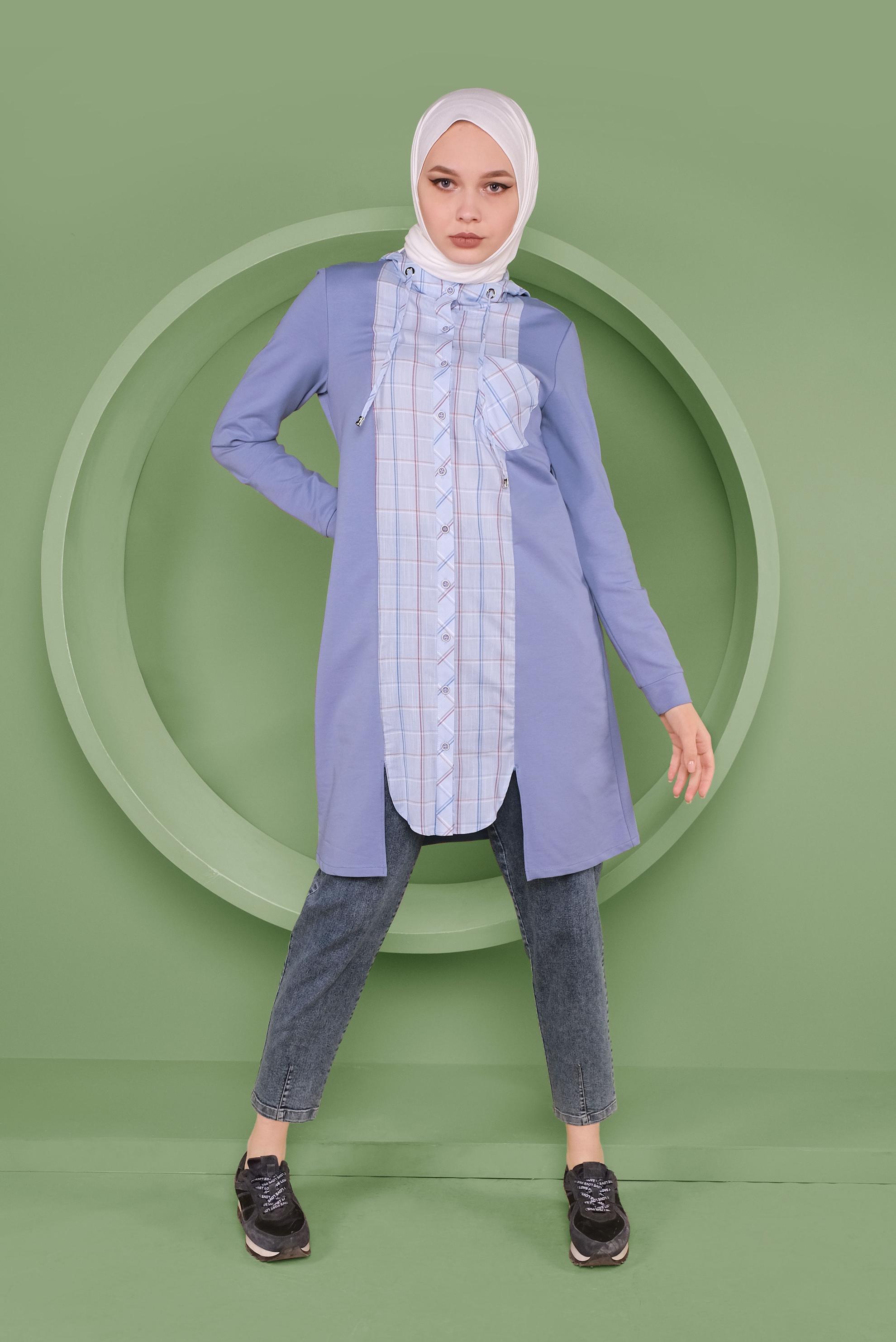 Tesettür giyim MAVİ EKOSE DETAYLI KAPÜŞONLU TUNİK 41367