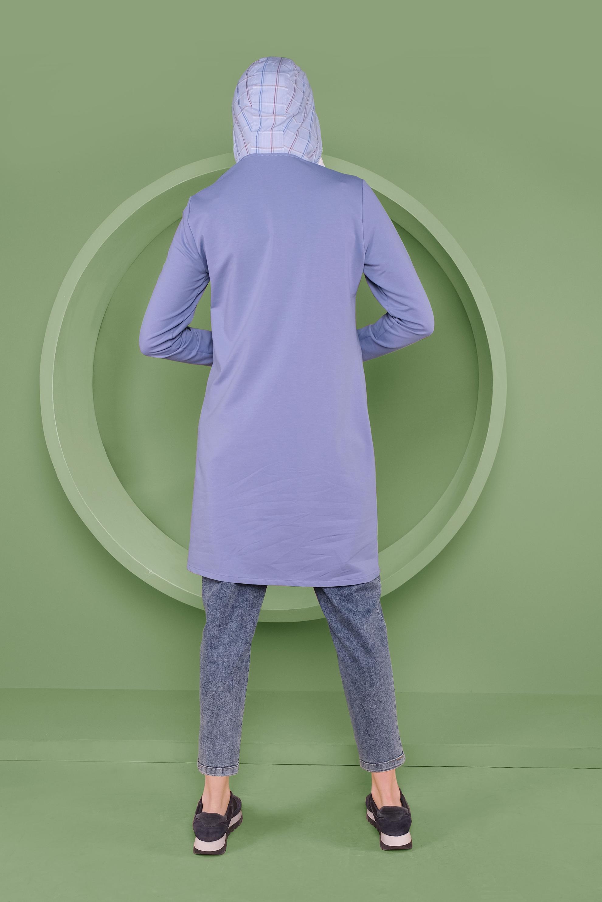 Tesettür giyim MAVİ EKOSE DETAYLI KAPÜŞONLU TUNİK 41367