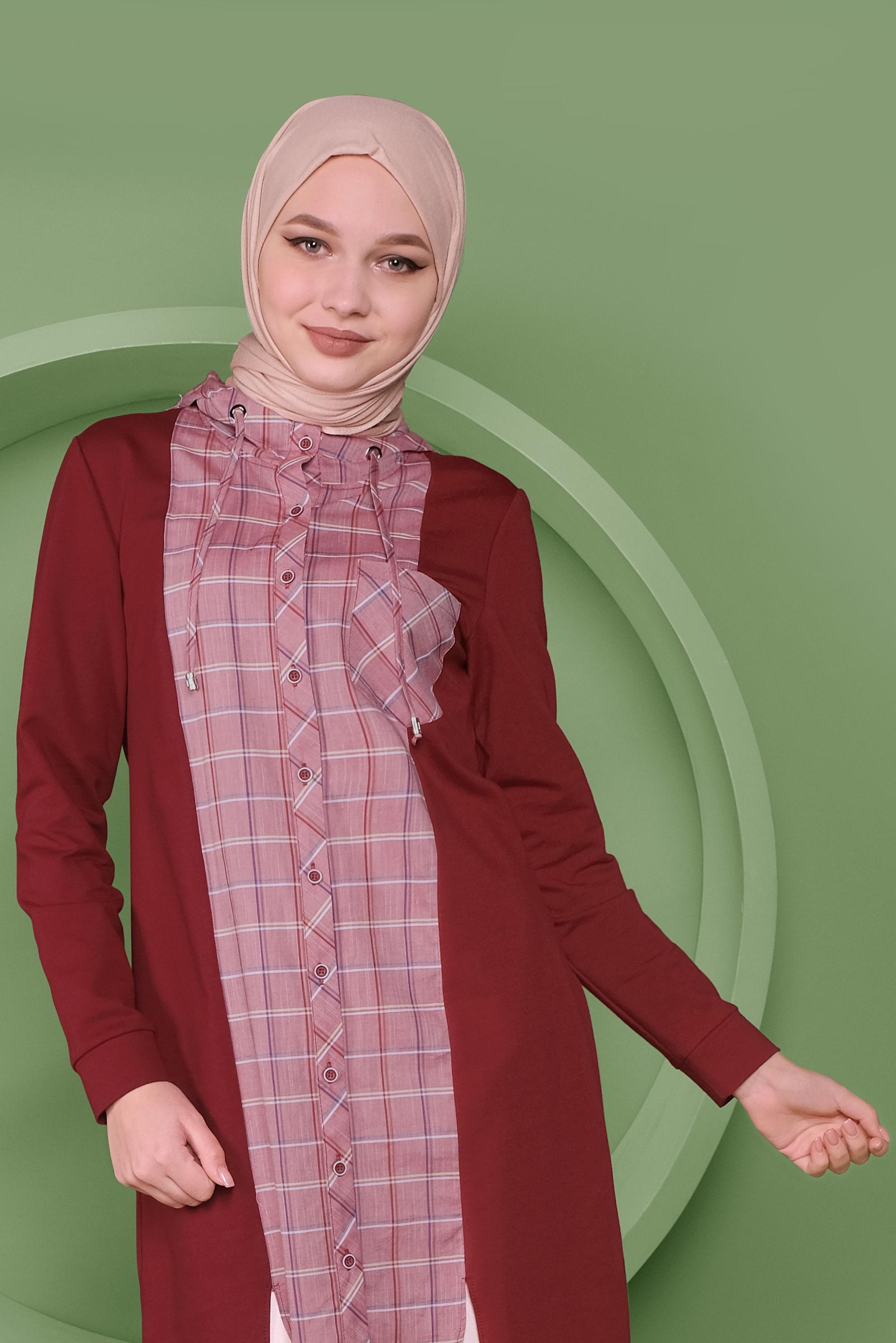 Tesettür giyim BORDO EKOSE DETAYLI KAPÜŞONLU TUNİK 41367