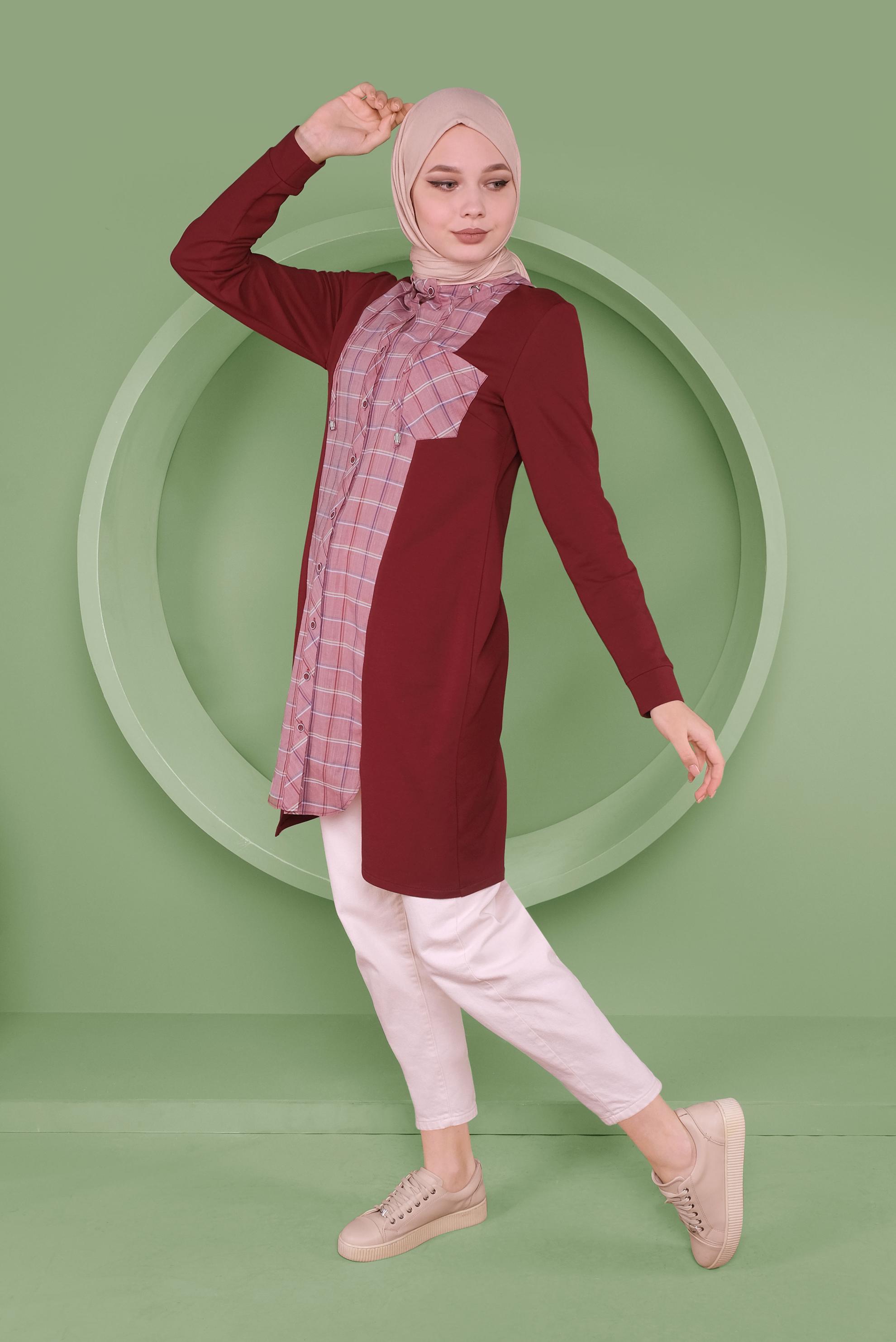 Tesettür giyim BORDO EKOSE DETAYLI KAPÜŞONLU TUNİK 41367