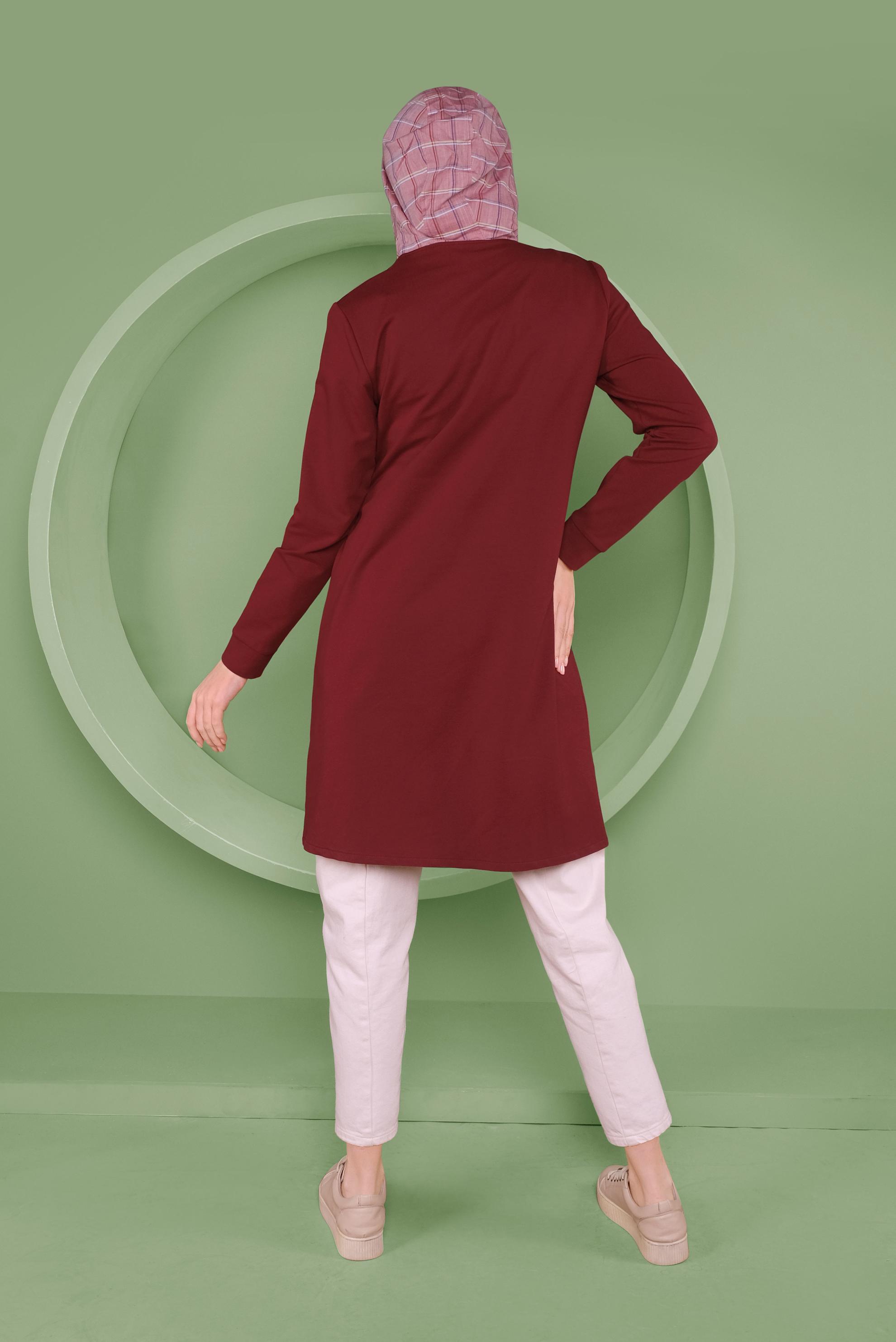 Tesettür giyim BORDO EKOSE DETAYLI KAPÜŞONLU TUNİK 41367