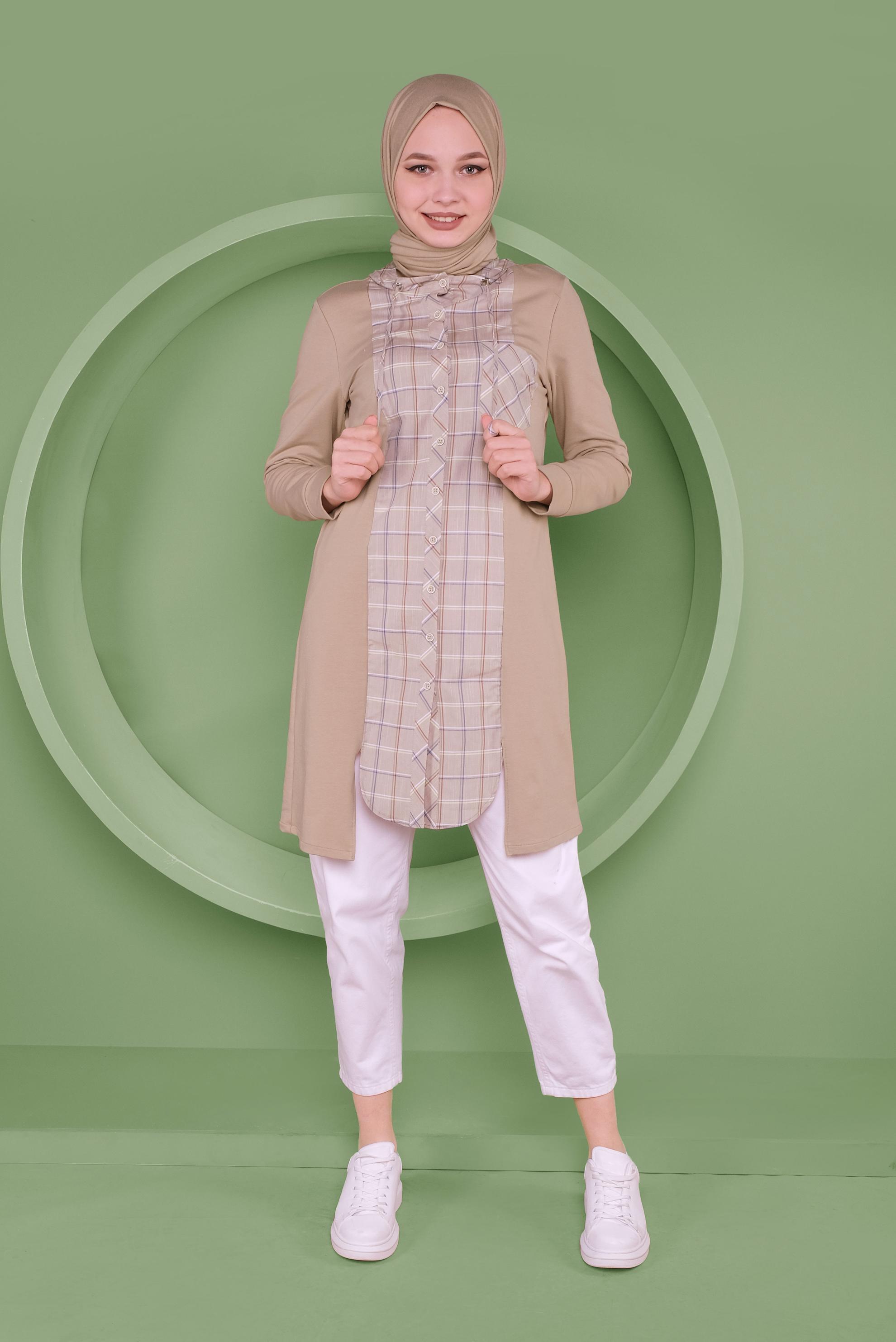 Tesettür giyim BEJ EKOSE DETAYLI KAPÜŞONLU TUNİK 41367