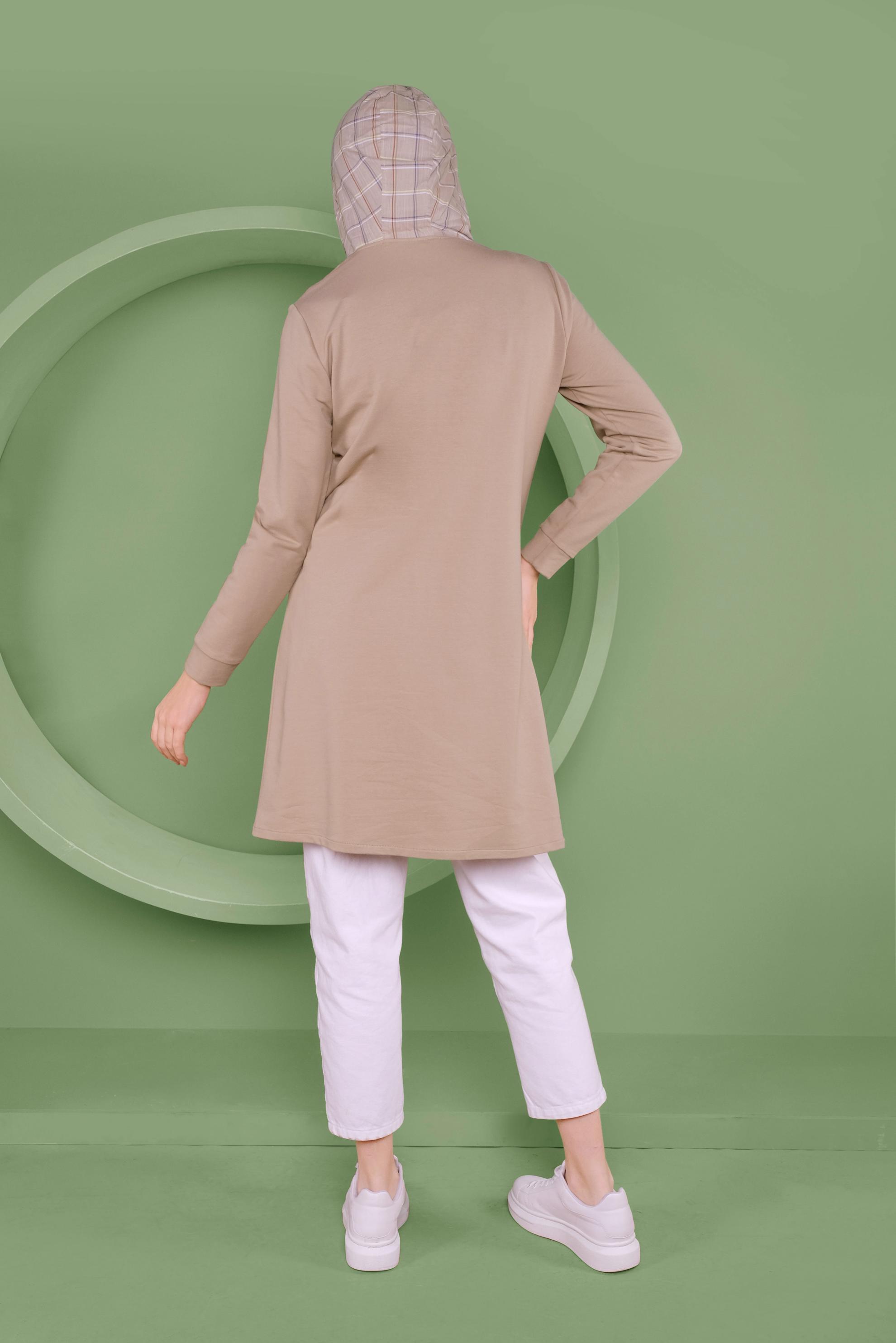 Tesettür giyim BEJ EKOSE DETAYLI KAPÜŞONLU TUNİK 41367