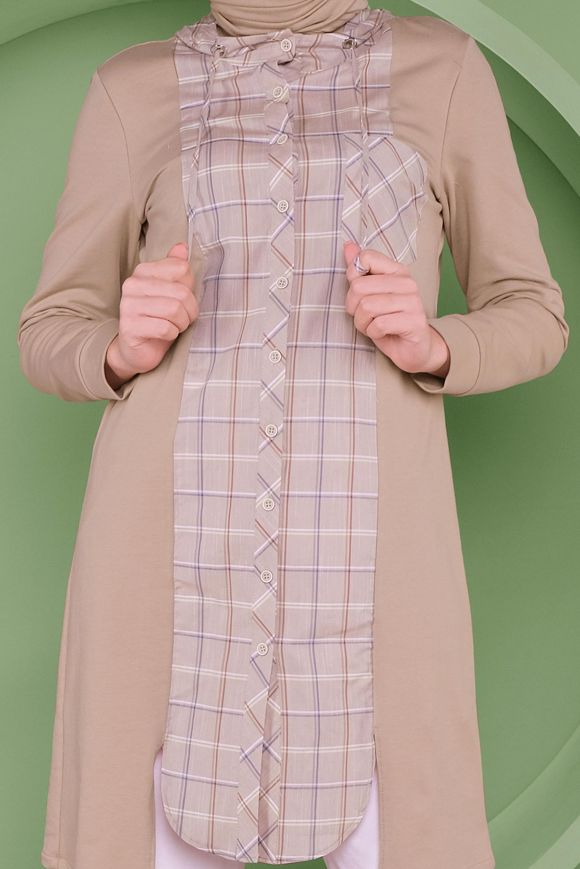 Tesettür giyim BEJ EKOSE DETAYLI KAPÜŞONLU TUNİK 41367