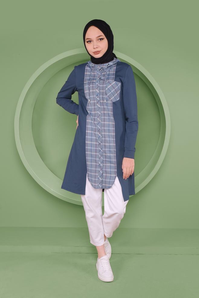 Tesettür giyim  EKOSE DETAYLI KAPÜŞONLU TUNİK 41367 - ALVİNA