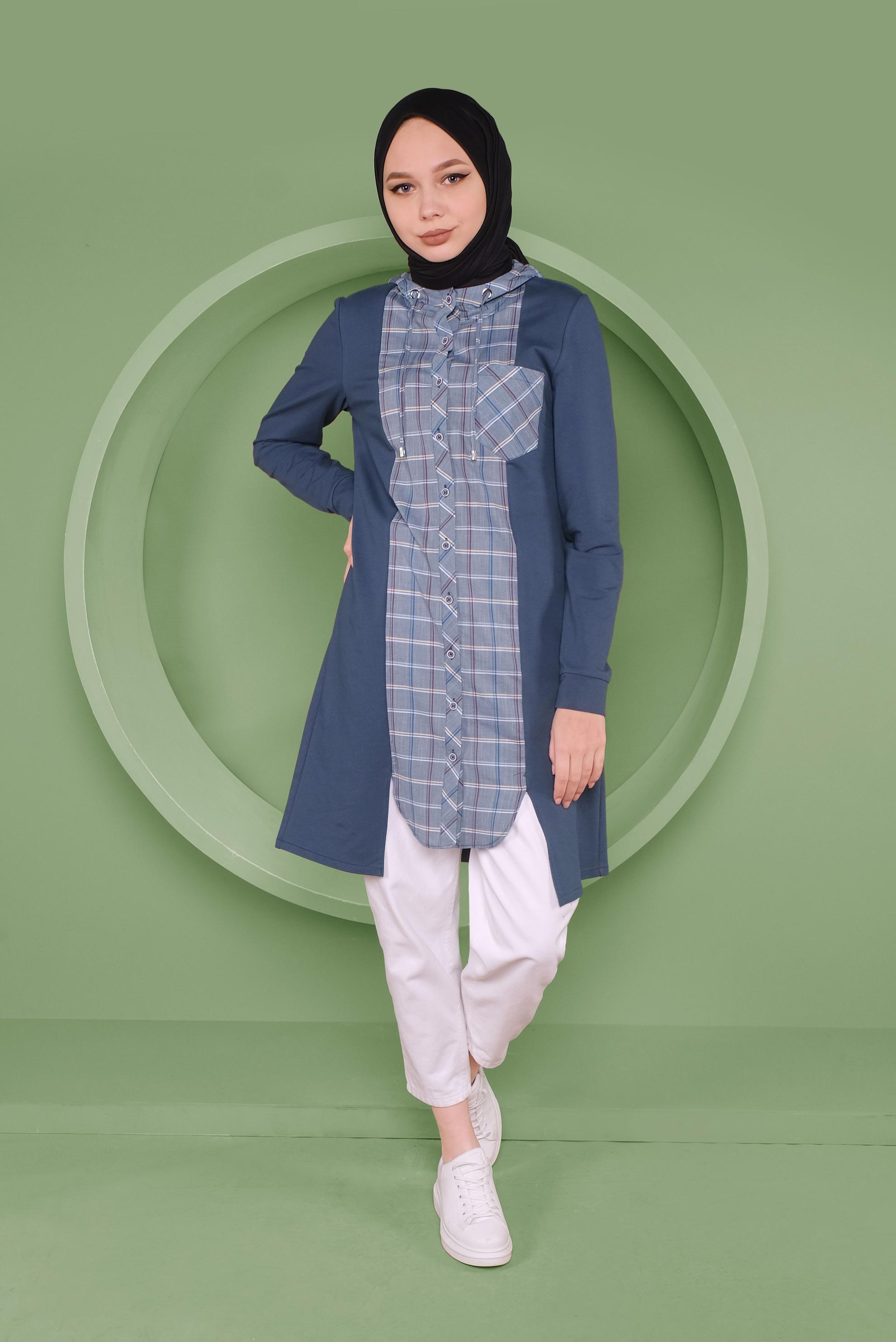 Tesettür giyim LACİVERT EKOSE DETAYLI KAPÜŞONLU TUNİK 41367