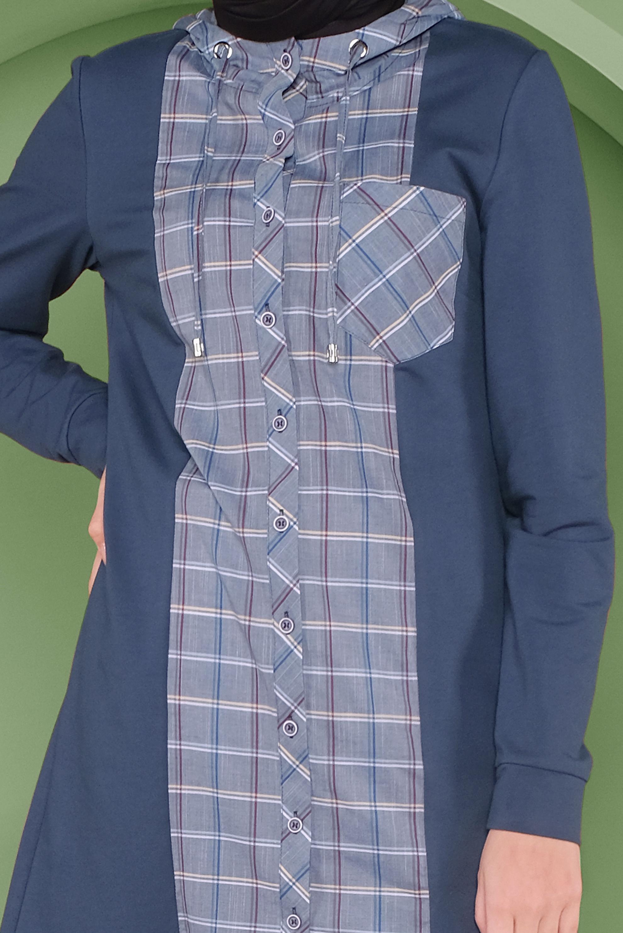 Tesettür giyim LACİVERT EKOSE DETAYLI KAPÜŞONLU TUNİK 41367