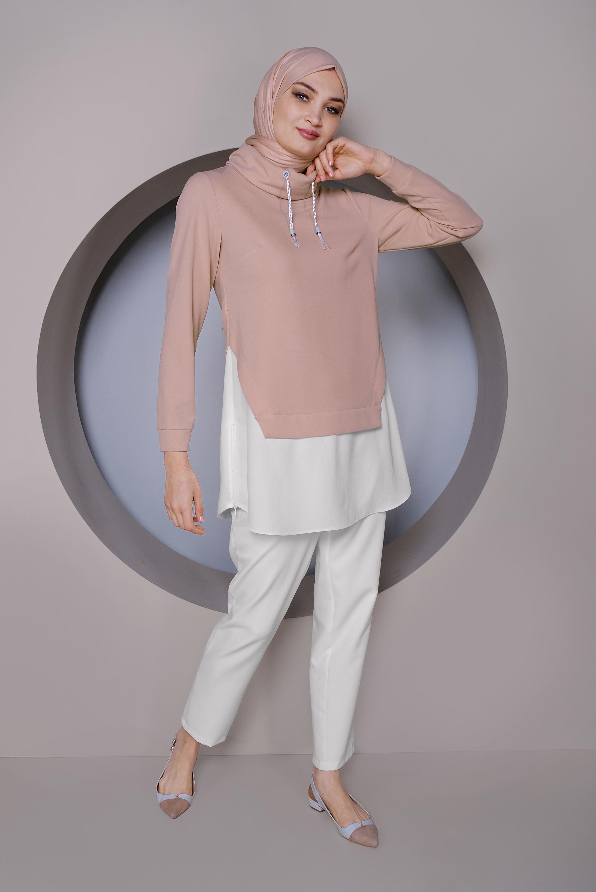 Tesettür giyim PUDRA PARÇA DETAYLI YAKASI BOĞAZLI TUNİK 41368