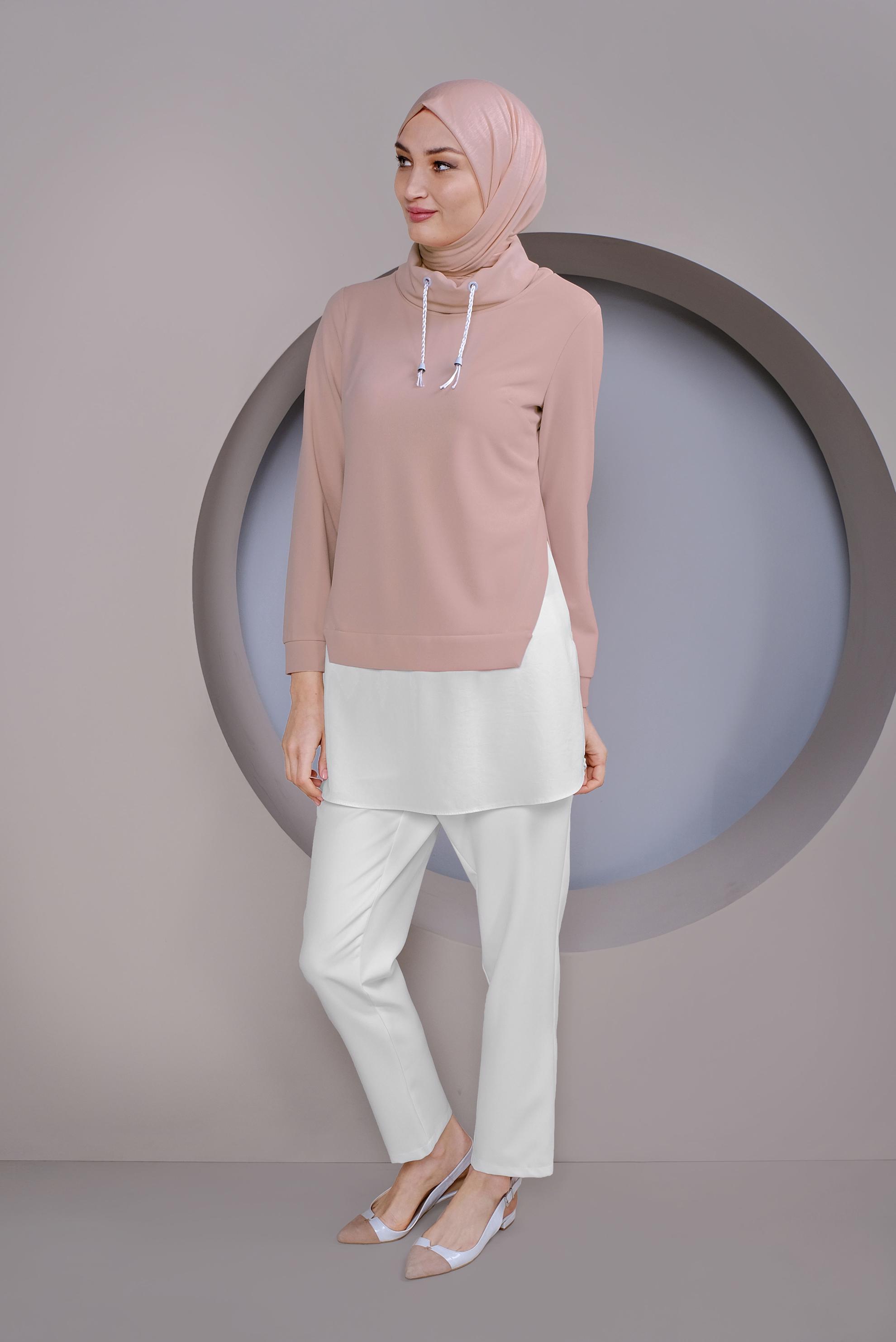 Tesettür giyim PUDRA PARÇA DETAYLI YAKASI BOĞAZLI TUNİK 41368