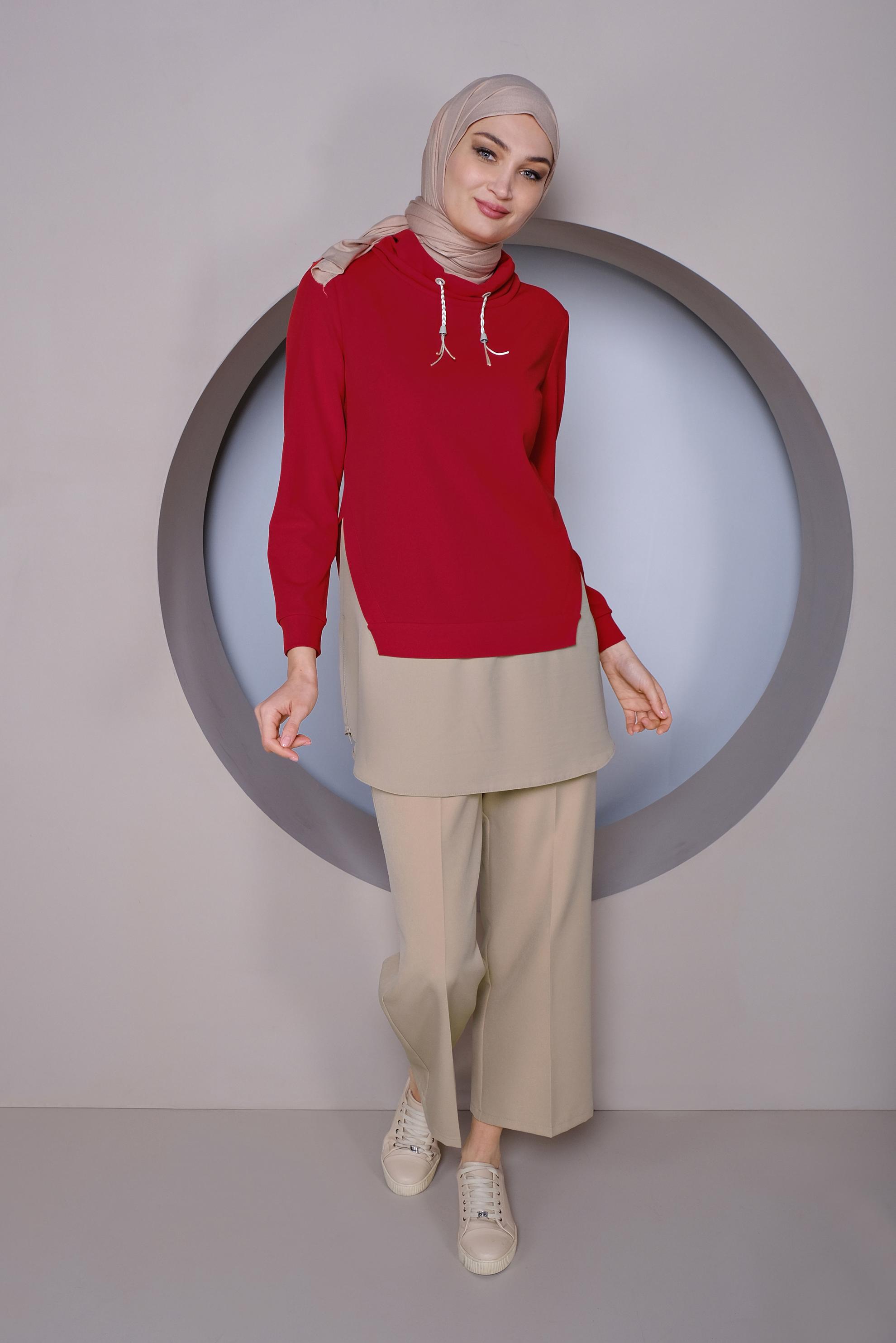 Tesettür giyim KIRMIZI PARÇA DETAYLI YAKASI BOĞAZLI TUNİK 41368