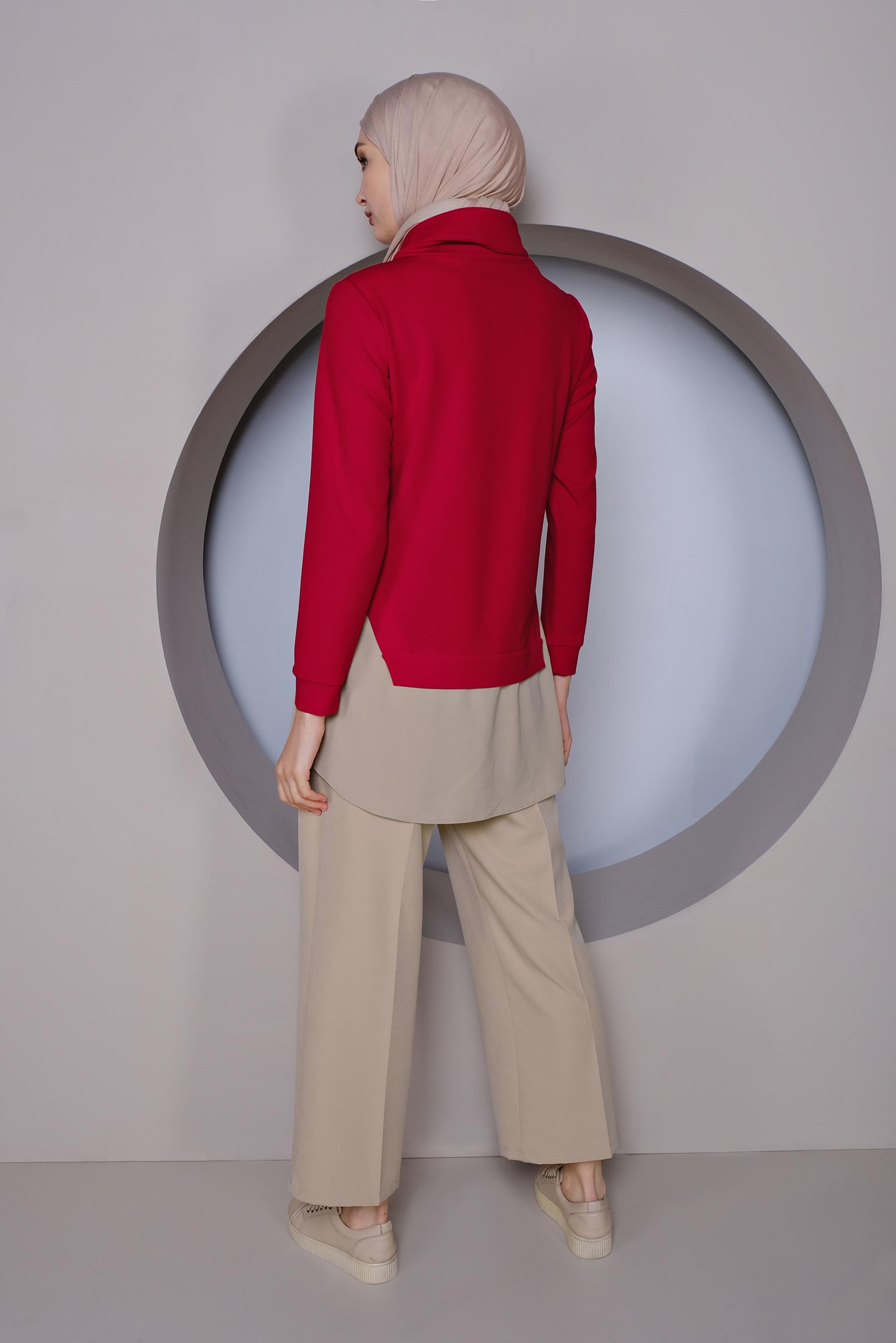 Tesettür giyim KIRMIZI PARÇA DETAYLI YAKASI BOĞAZLI TUNİK 41368