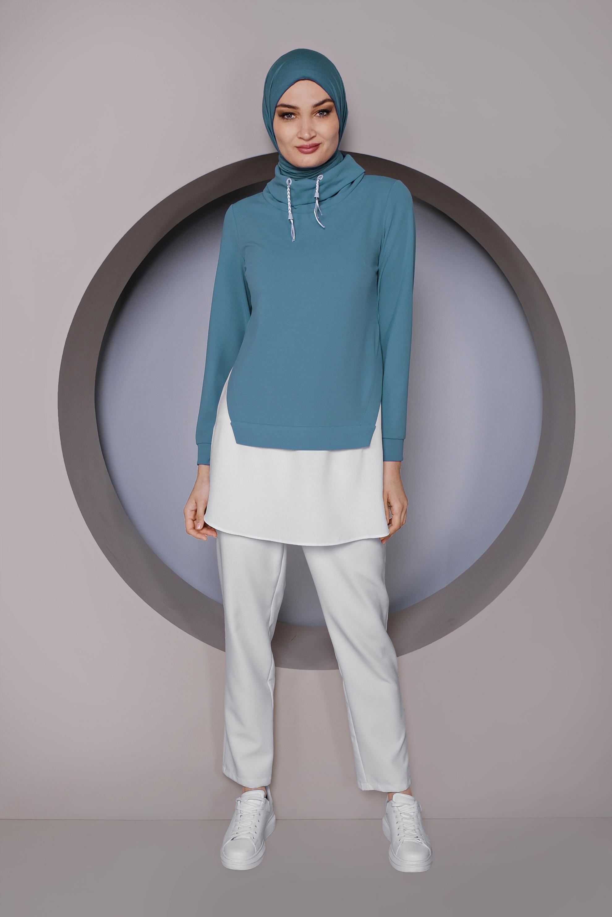 Tesettür giyim MAVİ PARÇA DETAYLI YAKASI BOĞAZLI TUNİK 41368