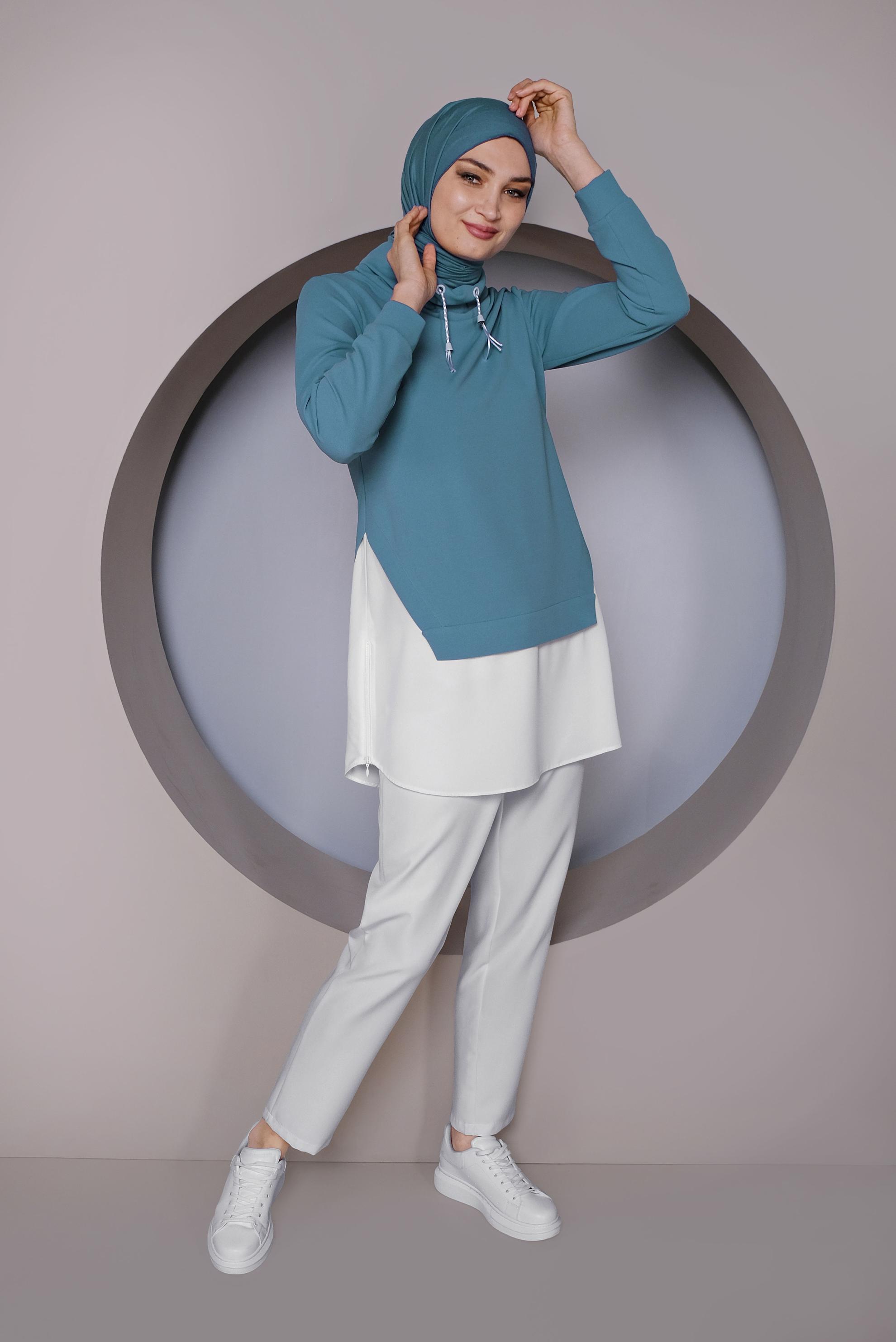 Tesettür giyim MAVİ PARÇA DETAYLI YAKASI BOĞAZLI TUNİK 41368