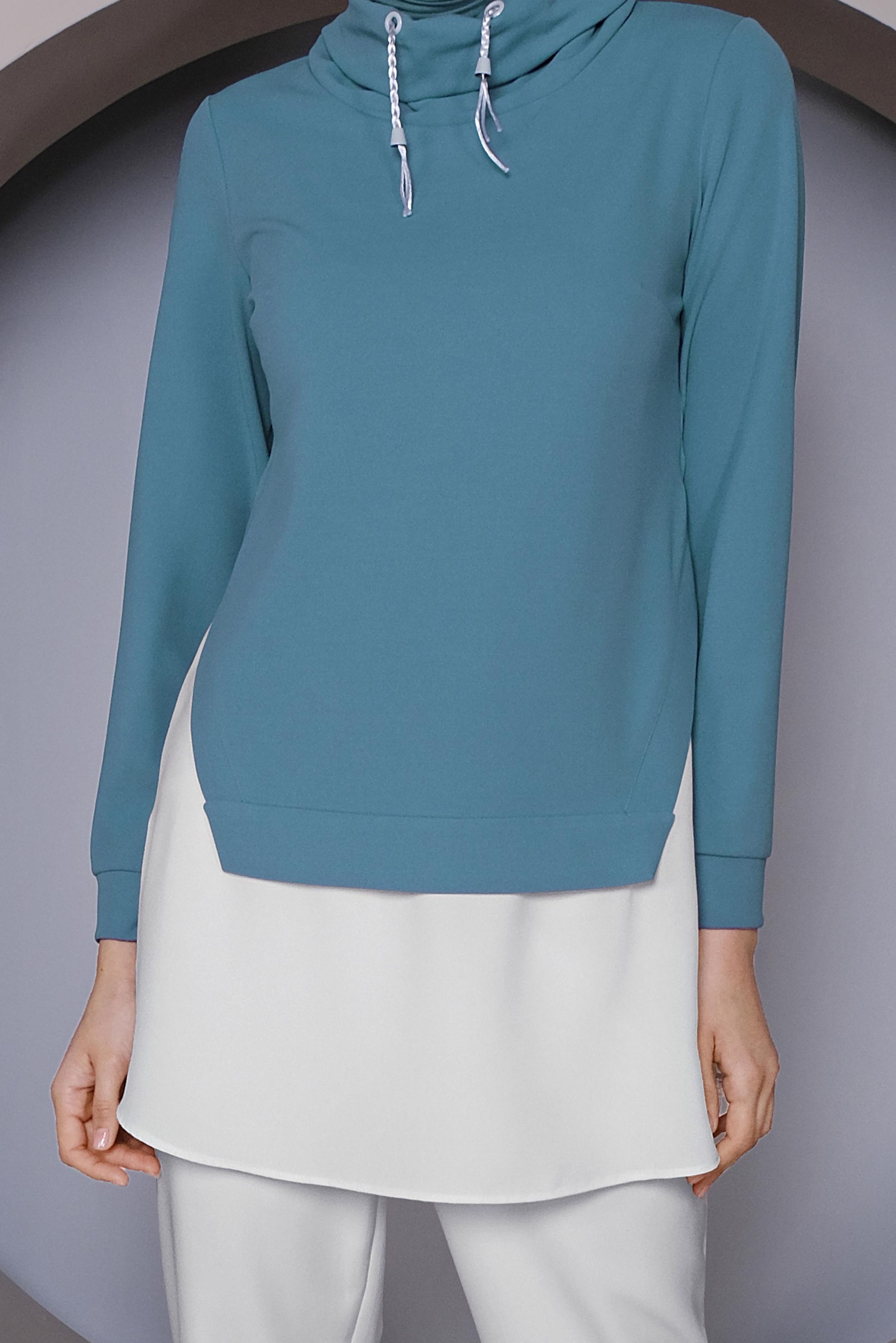 Tesettür giyim MAVİ PARÇA DETAYLI YAKASI BOĞAZLI TUNİK 41368