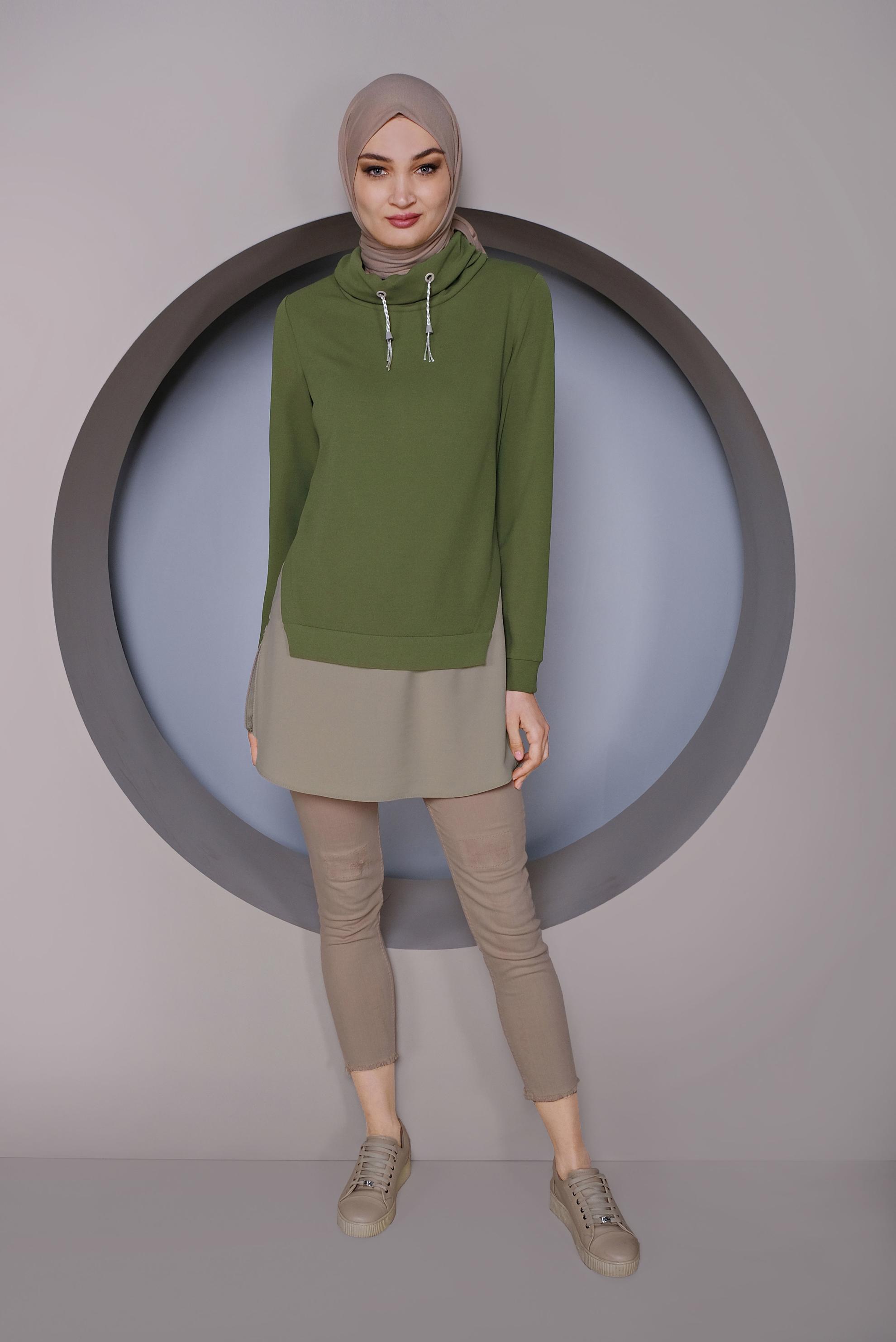 Tesettür giyim YEŞİL PARÇA DETAYLI YAKASI BOĞAZLI TUNİK 41368