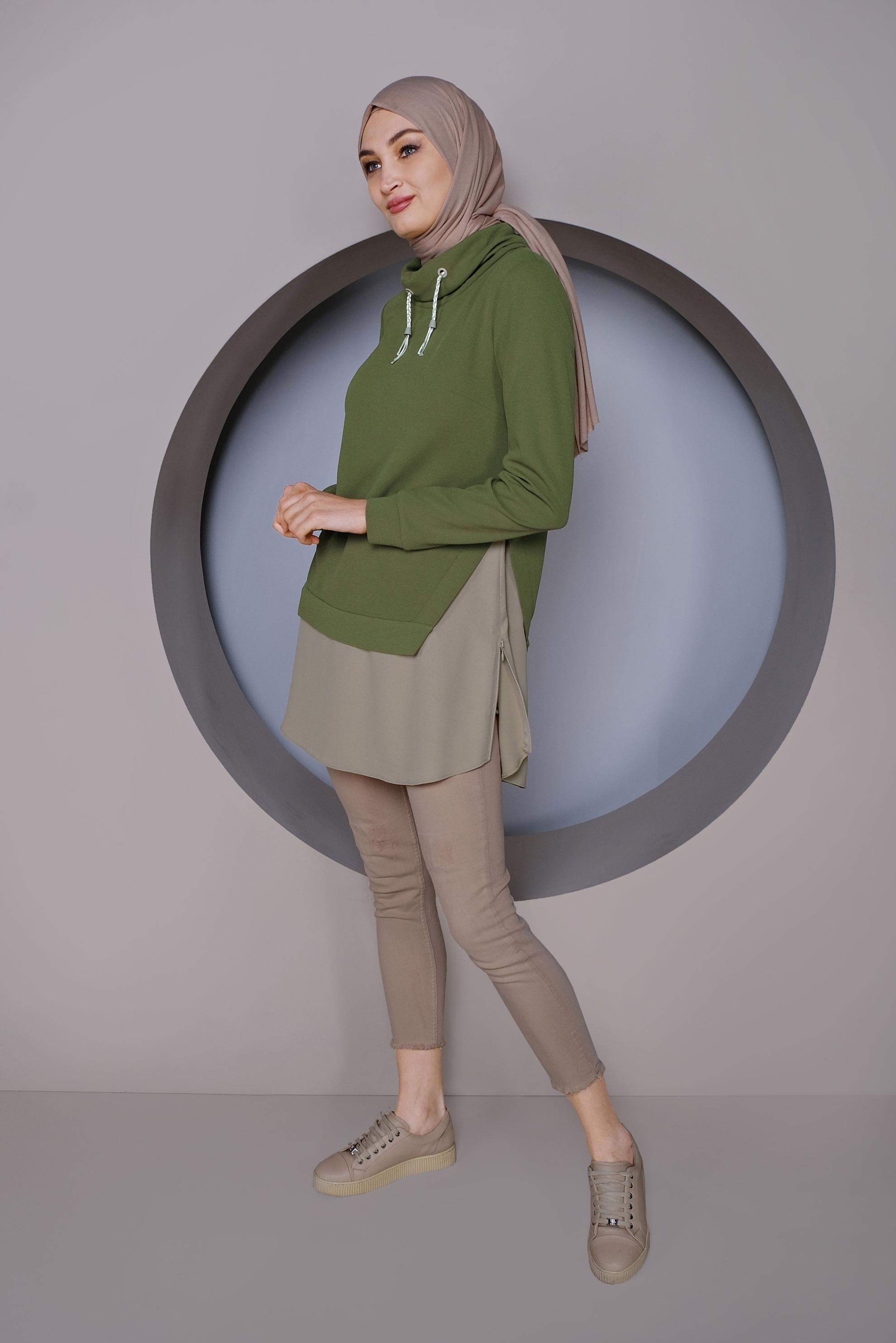 Tesettür giyim YEŞİL PARÇA DETAYLI YAKASI BOĞAZLI TUNİK 41368