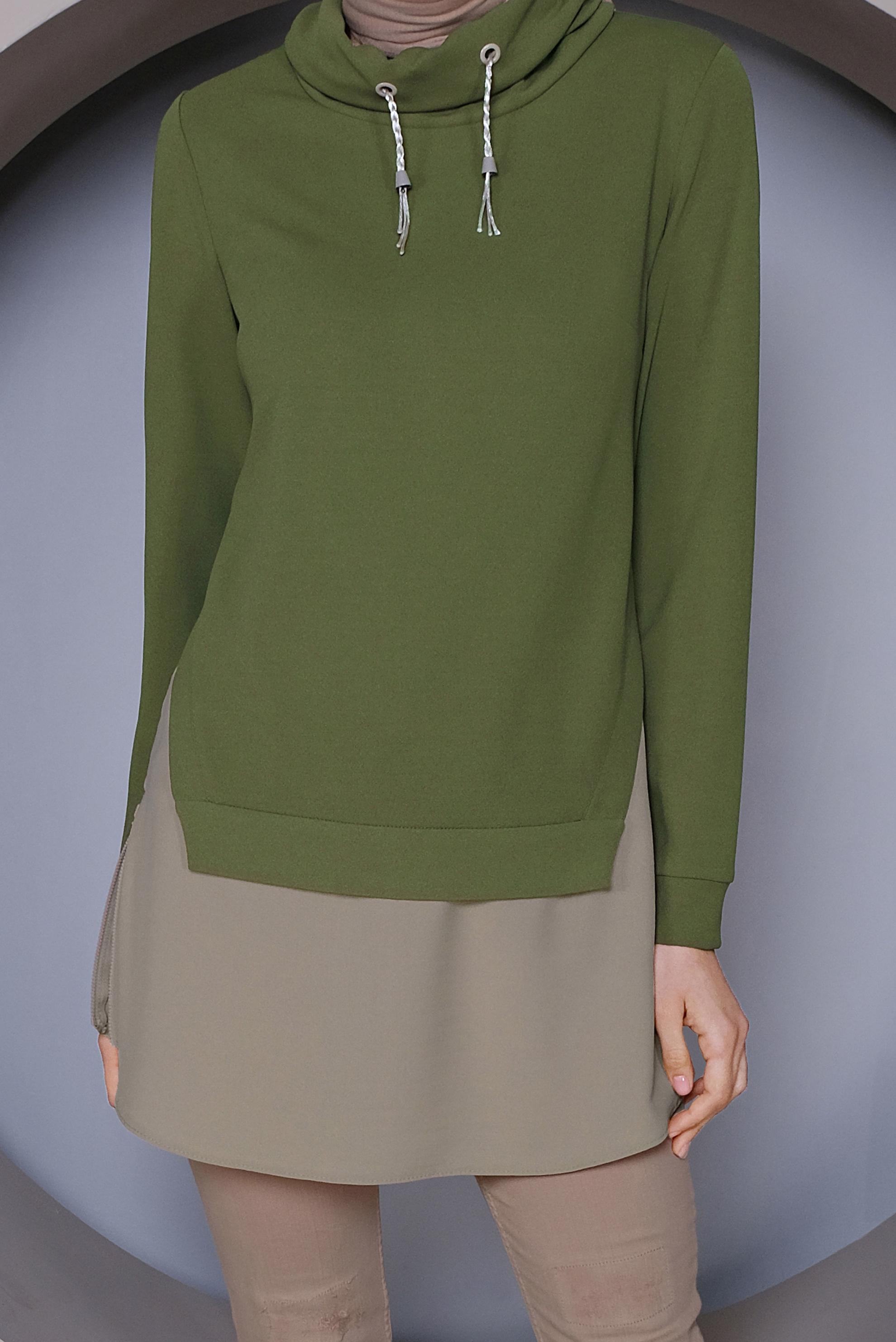 Tesettür giyim YEŞİL PARÇA DETAYLI YAKASI BOĞAZLI TUNİK 41368