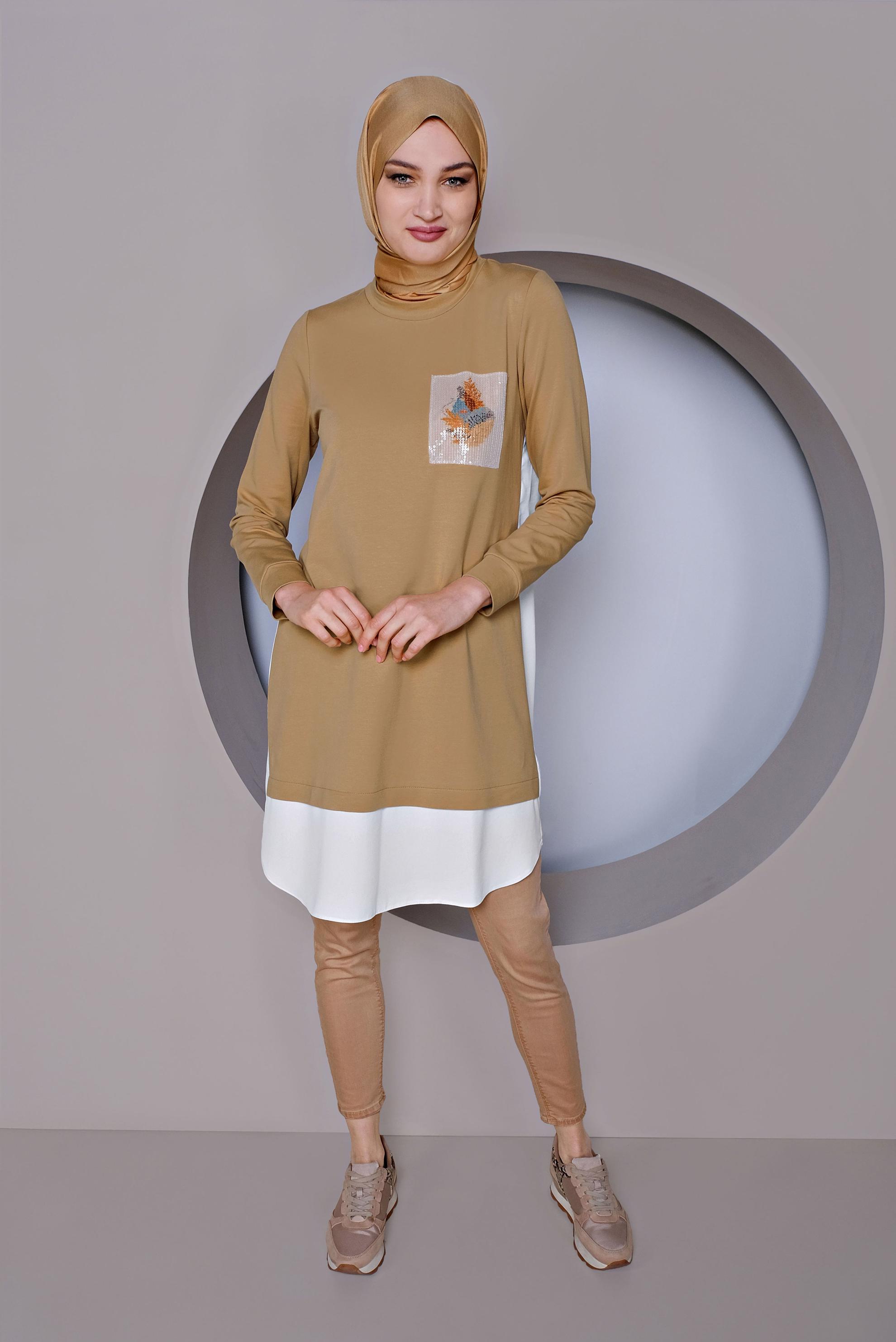 Tesettür giyim KAHVE PARÇA DETAYLI SIRT KISMI DÜĞMELİ TUNİK 41369