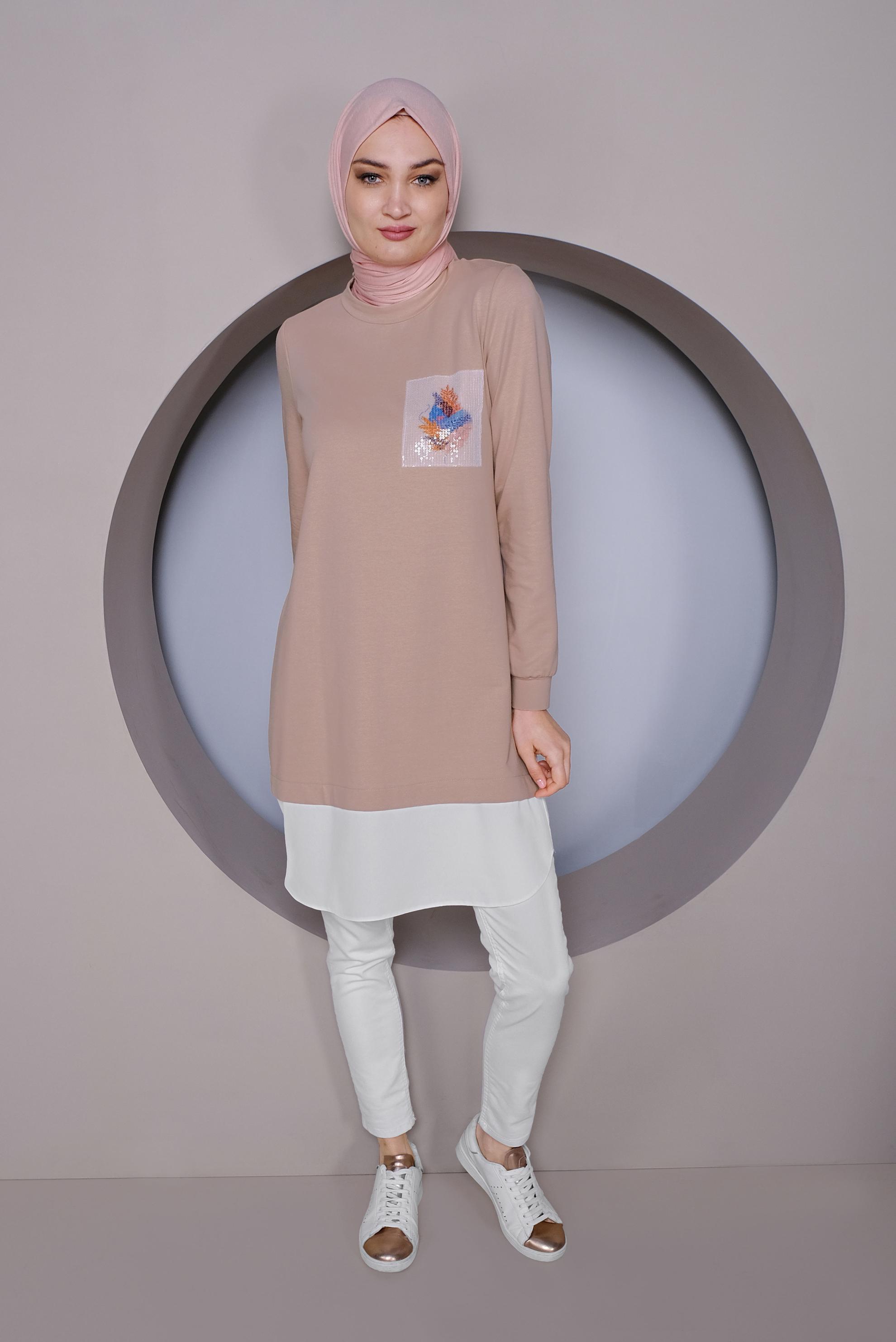 Tesettür giyim PUDRA PARÇA DETAYLI SIRT KISMI DÜĞMELİ TUNİK 41369