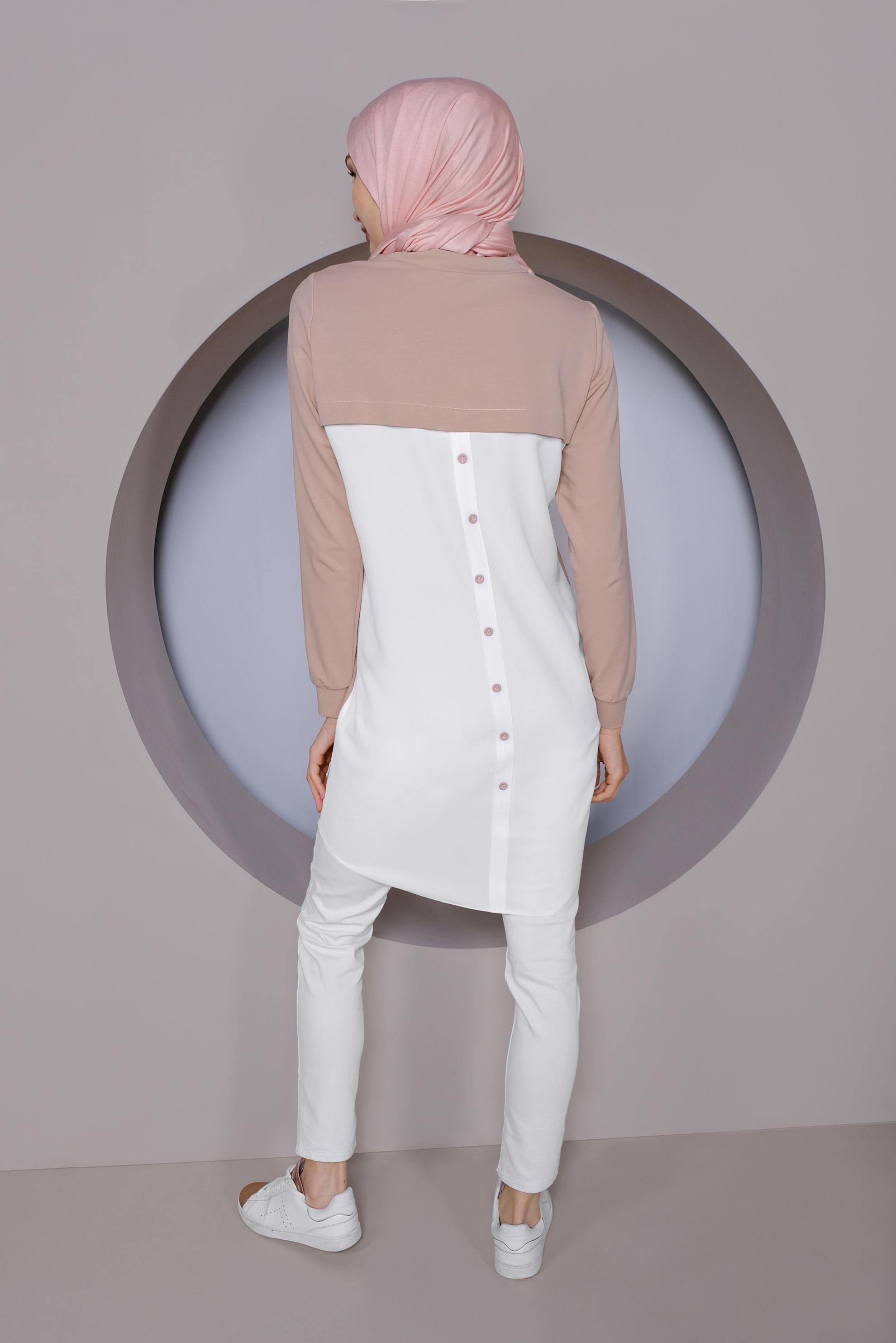 Tesettür giyim PUDRA PARÇA DETAYLI SIRT KISMI DÜĞMELİ TUNİK 41369
