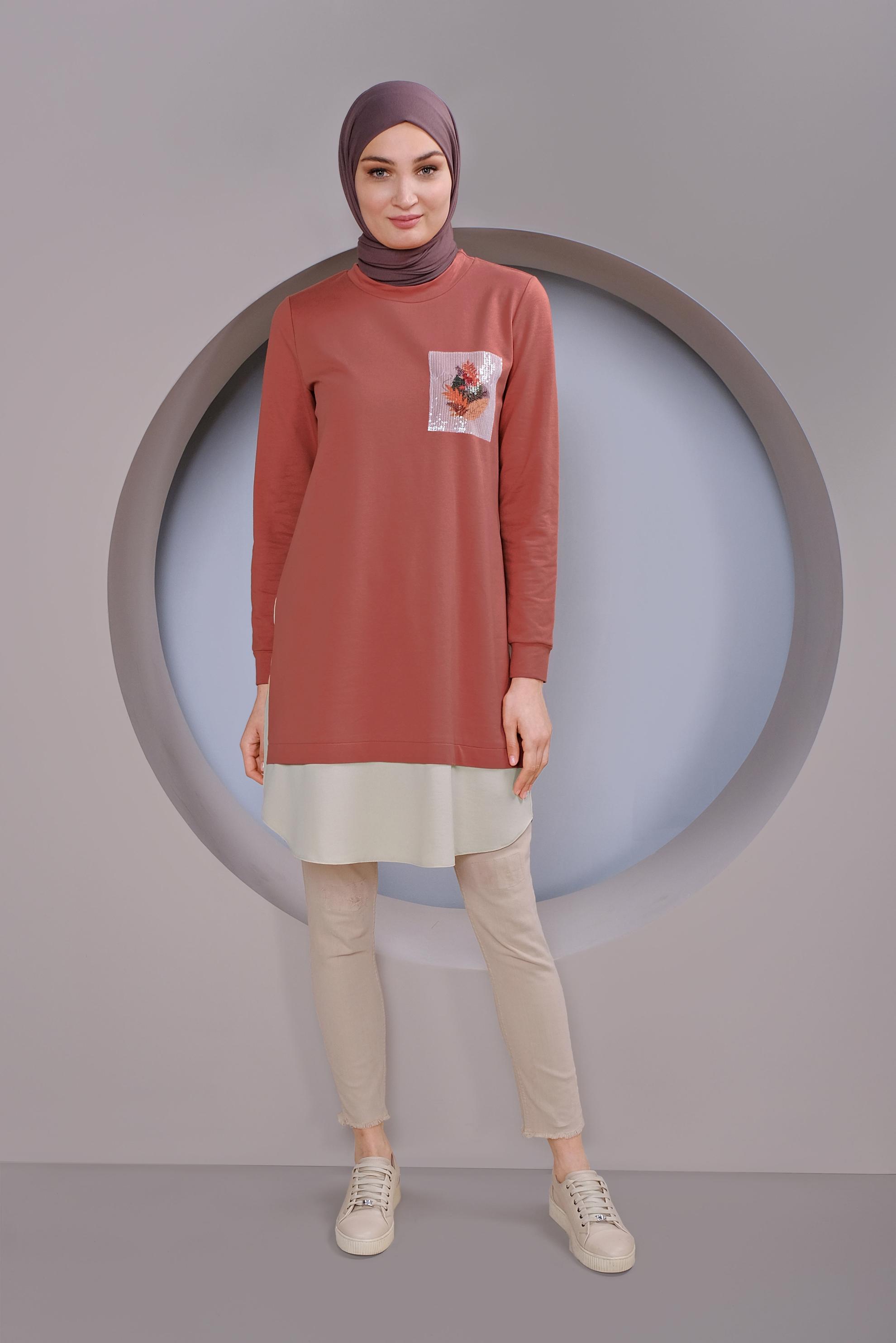 Tesettür giyim TURUNCU PARÇA DETAYLI SIRT KISMI DÜĞMELİ TUNİK 41369