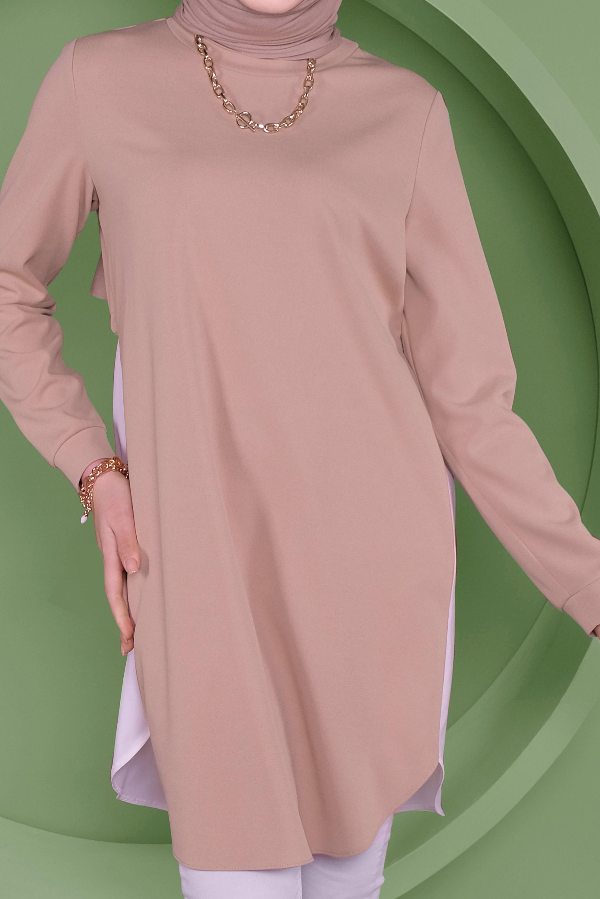 Tesettür giyim BEJ SIRT KISMI BÜZGÜ BAĞCIK DETAYLI TUNİK 41371