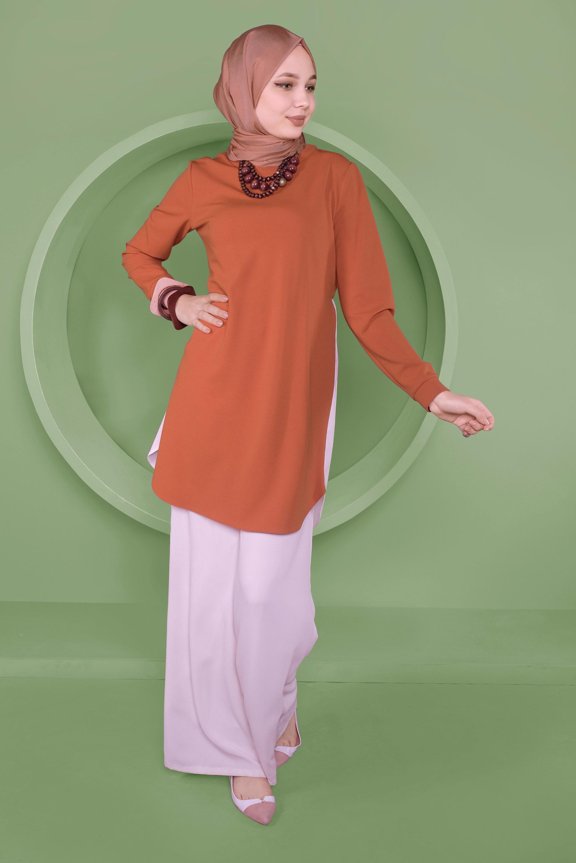 Tesettür giyim TURUNCU SIRT KISMI BÜZGÜ BAĞCIK DETAYLI TUNİK 41371