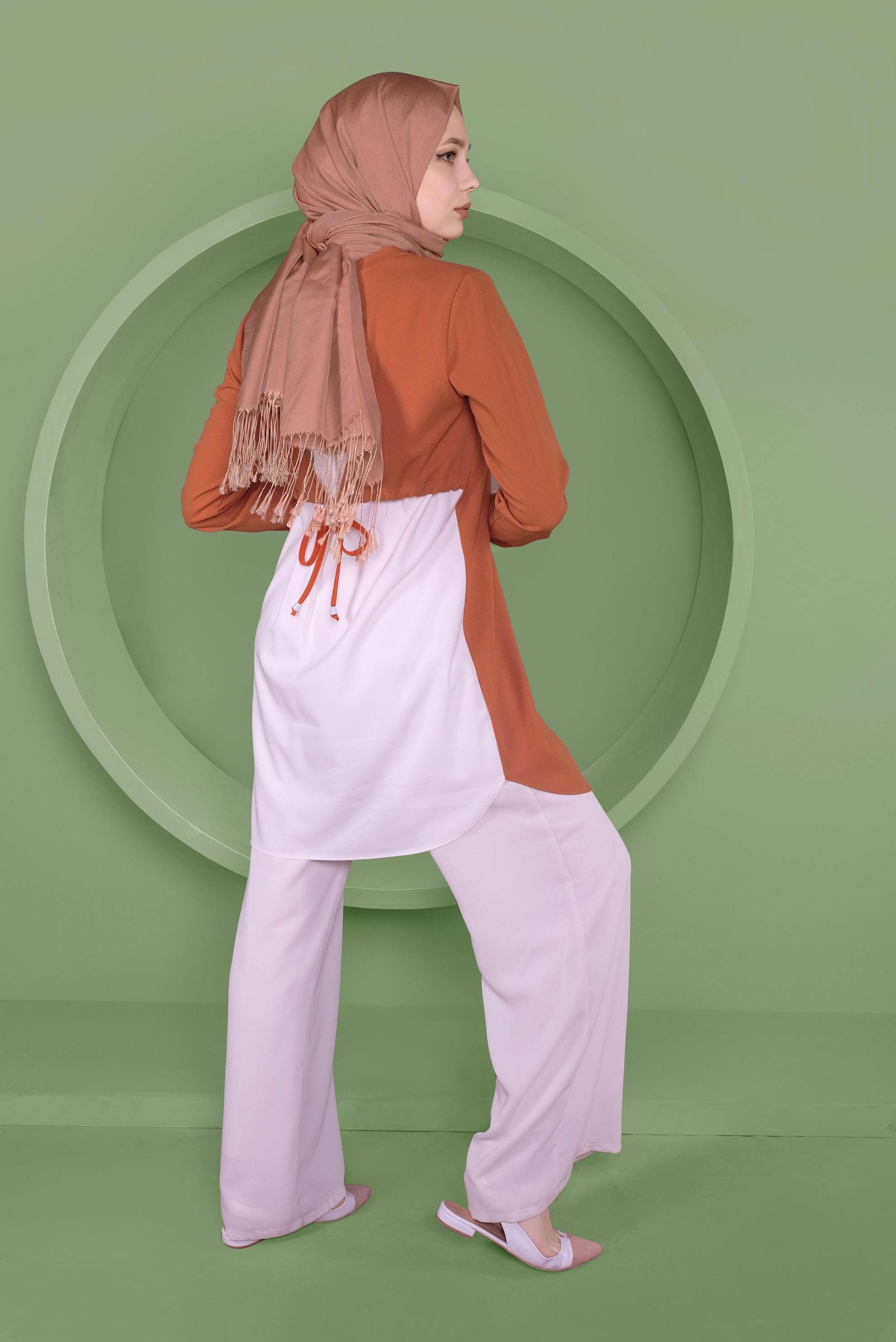 Tesettür giyim TURUNCU SIRT KISMI BÜZGÜ BAĞCIK DETAYLI TUNİK 41371