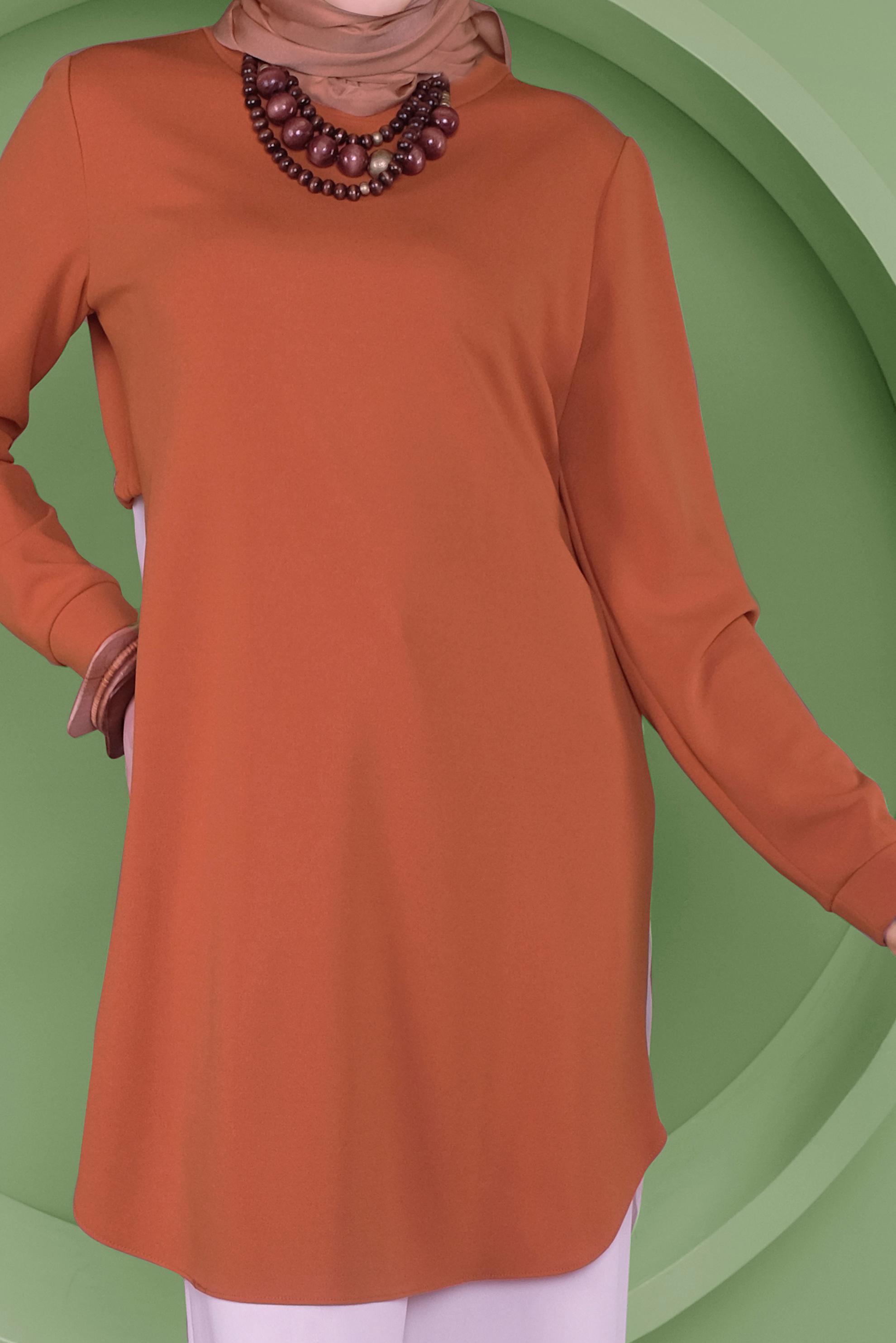 Tesettür giyim TURUNCU SIRT KISMI BÜZGÜ BAĞCIK DETAYLI TUNİK 41371