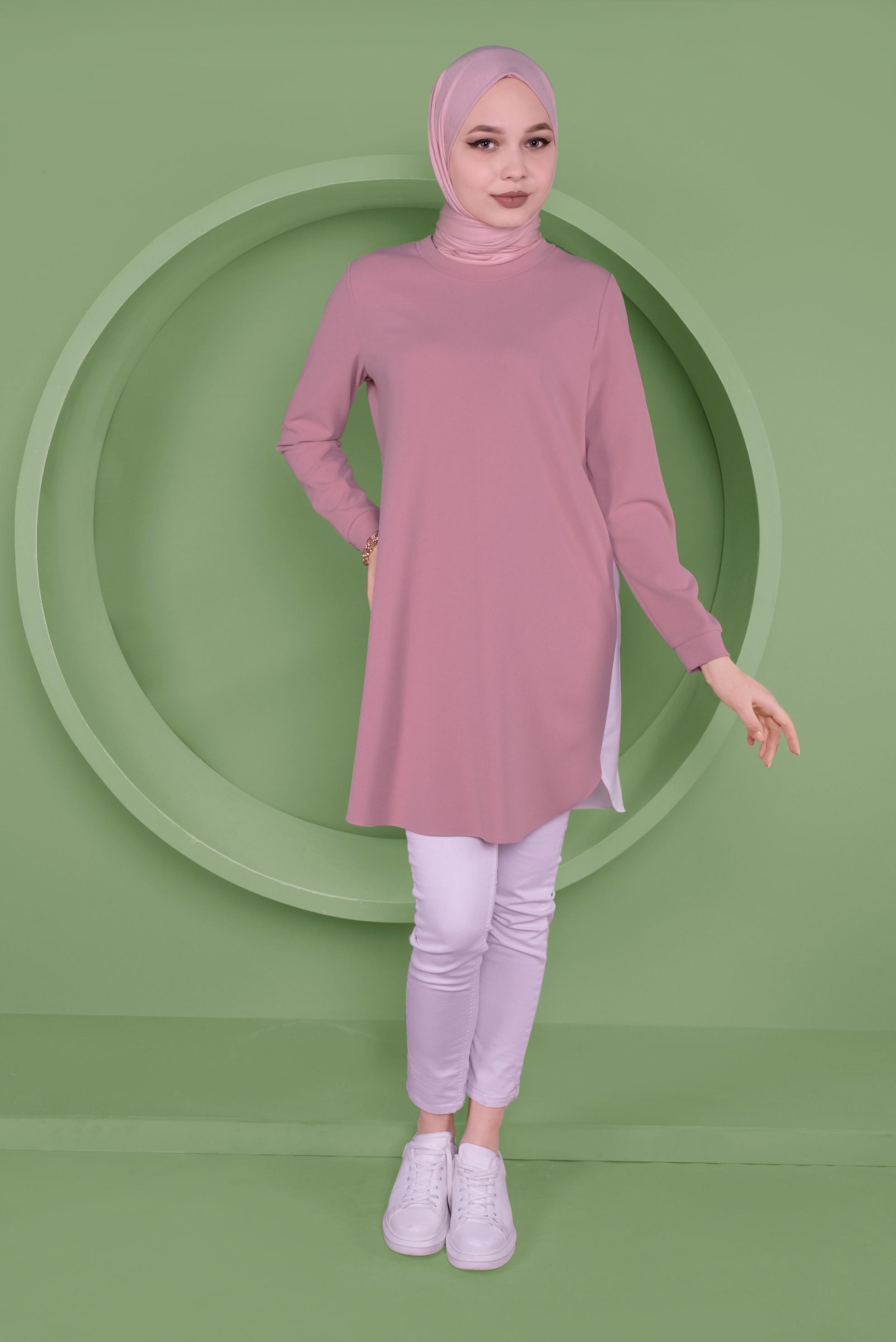 Tesettür giyim PUDRA SIRT KISMI BÜZGÜ BAĞCIK DETAYLI TUNİK 41371