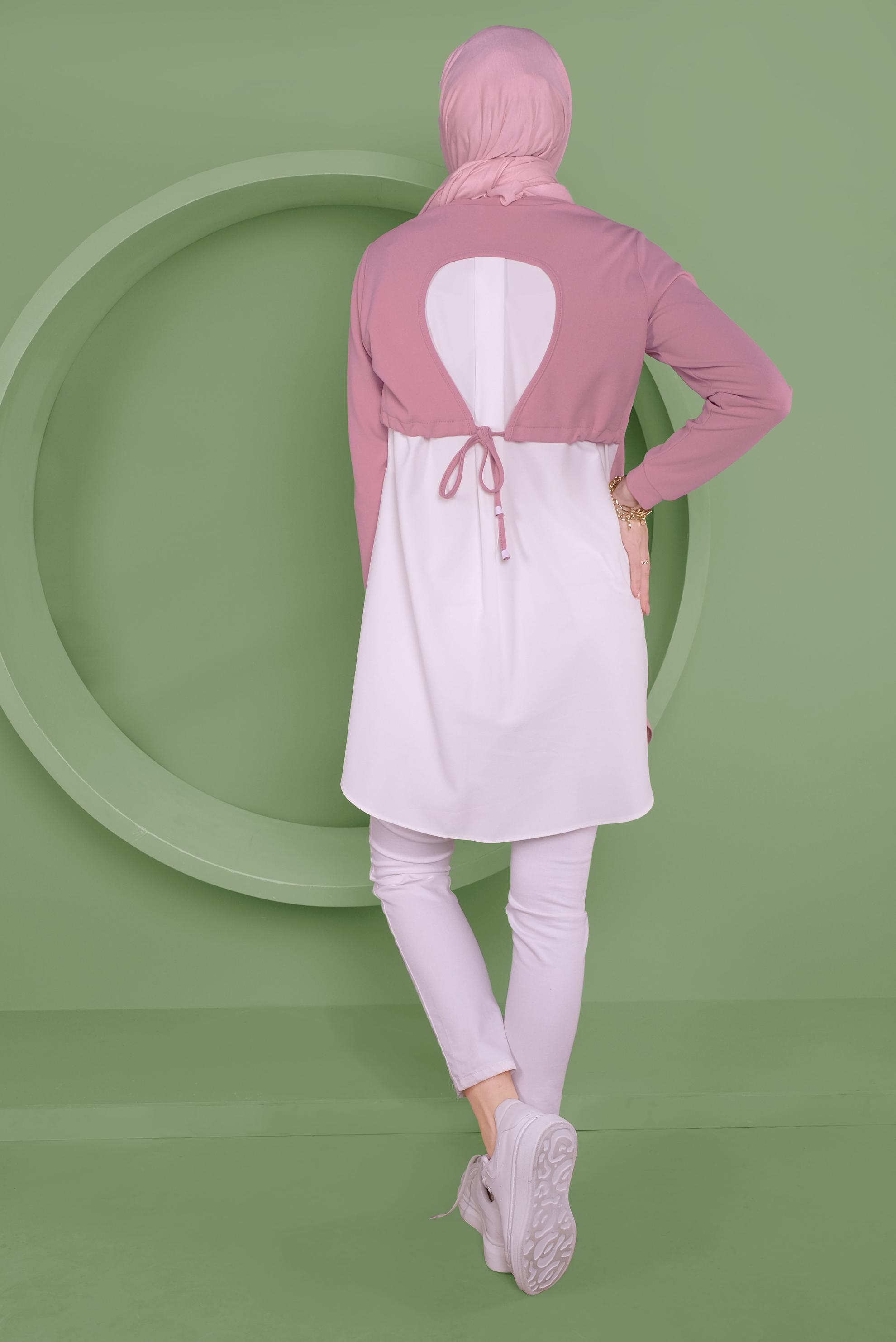 Tesettür giyim PUDRA SIRT KISMI BÜZGÜ BAĞCIK DETAYLI TUNİK 41371