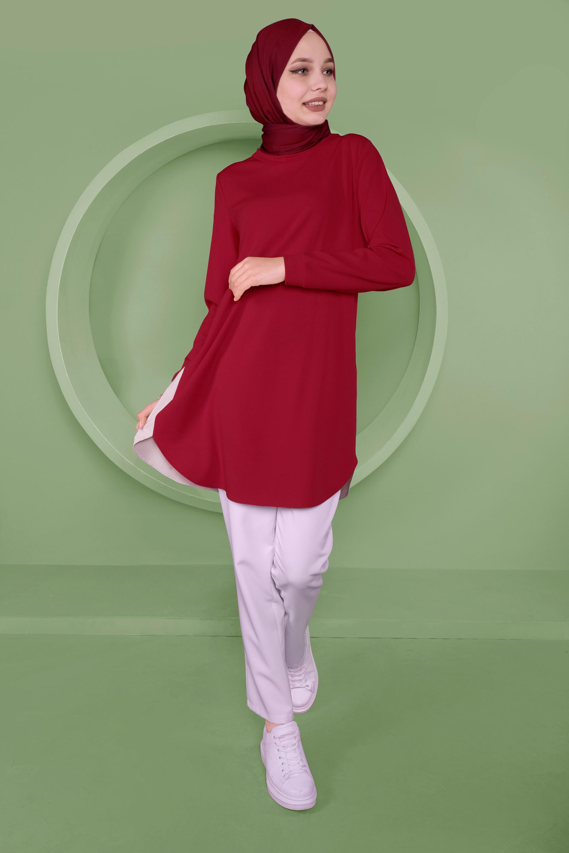 Tesettür giyim KIRMIZI SIRT KISMI BÜZGÜ BAĞCIK DETAYLI TUNİK 41371