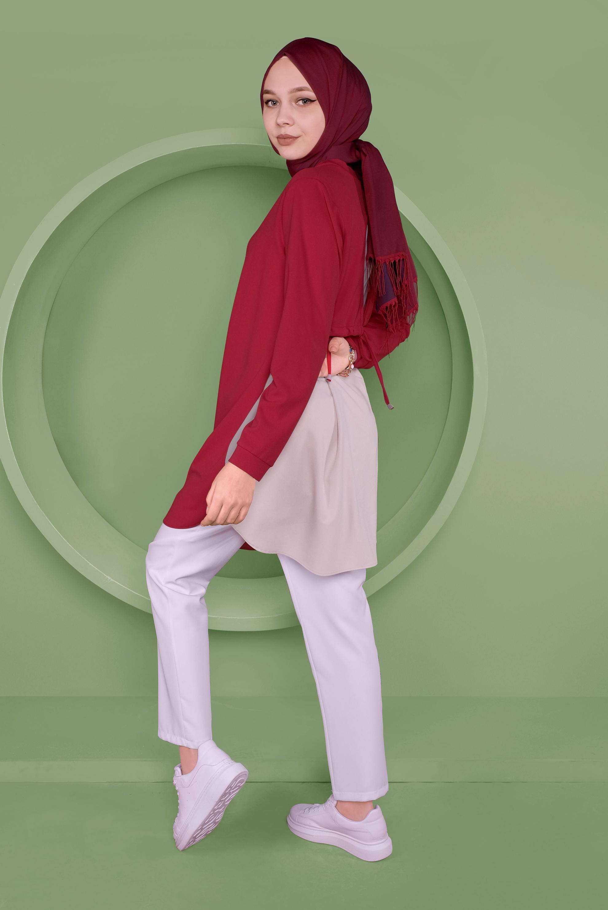 Tesettür giyim KIRMIZI SIRT KISMI BÜZGÜ BAĞCIK DETAYLI TUNİK 41371