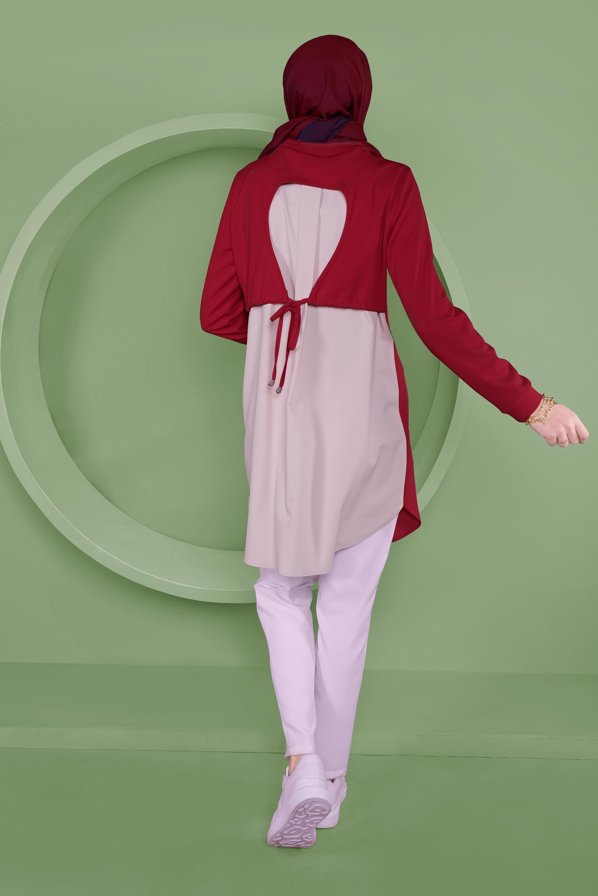 Tesettür giyim KIRMIZI SIRT KISMI BÜZGÜ BAĞCIK DETAYLI TUNİK 41371