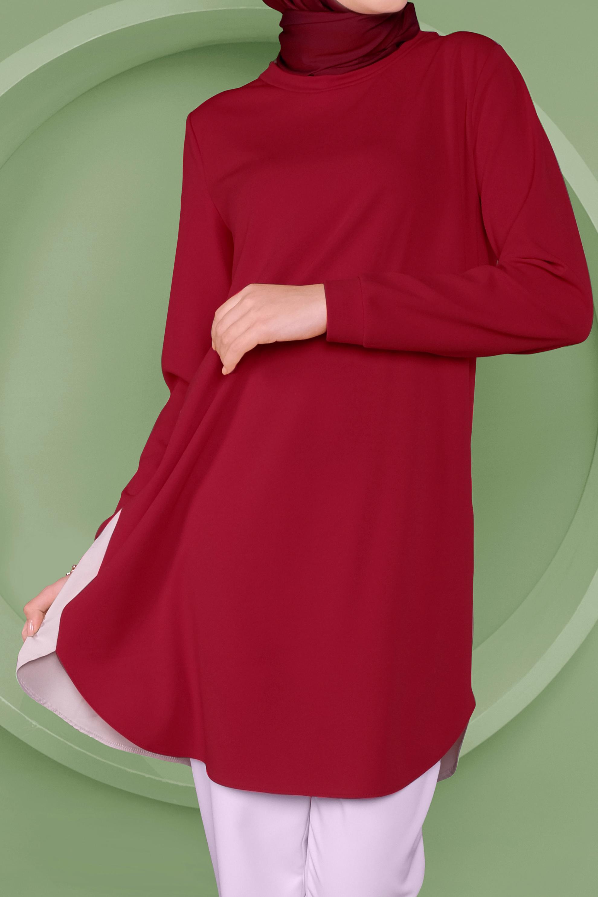 Tesettür giyim KIRMIZI SIRT KISMI BÜZGÜ BAĞCIK DETAYLI TUNİK 41371